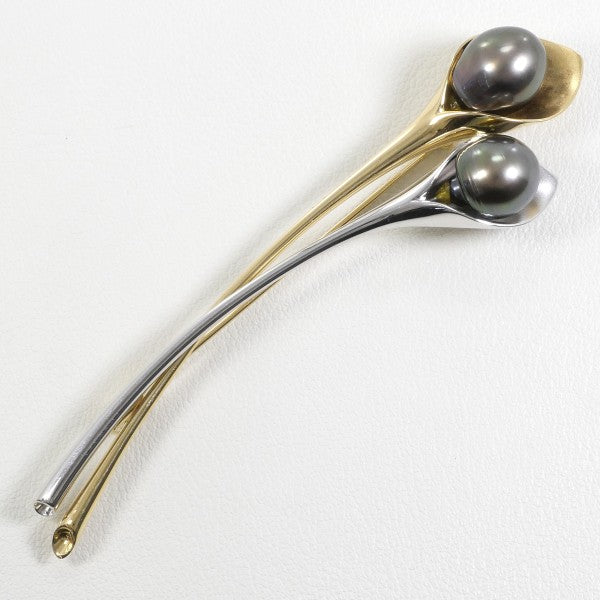 18K Yellow Gold & 14K White Gold Black Tahitian Pearl Brooch Pin - Elegant Pearl Jewelry for Women, Perfect for Weddings, Parties & Formal Occasions
