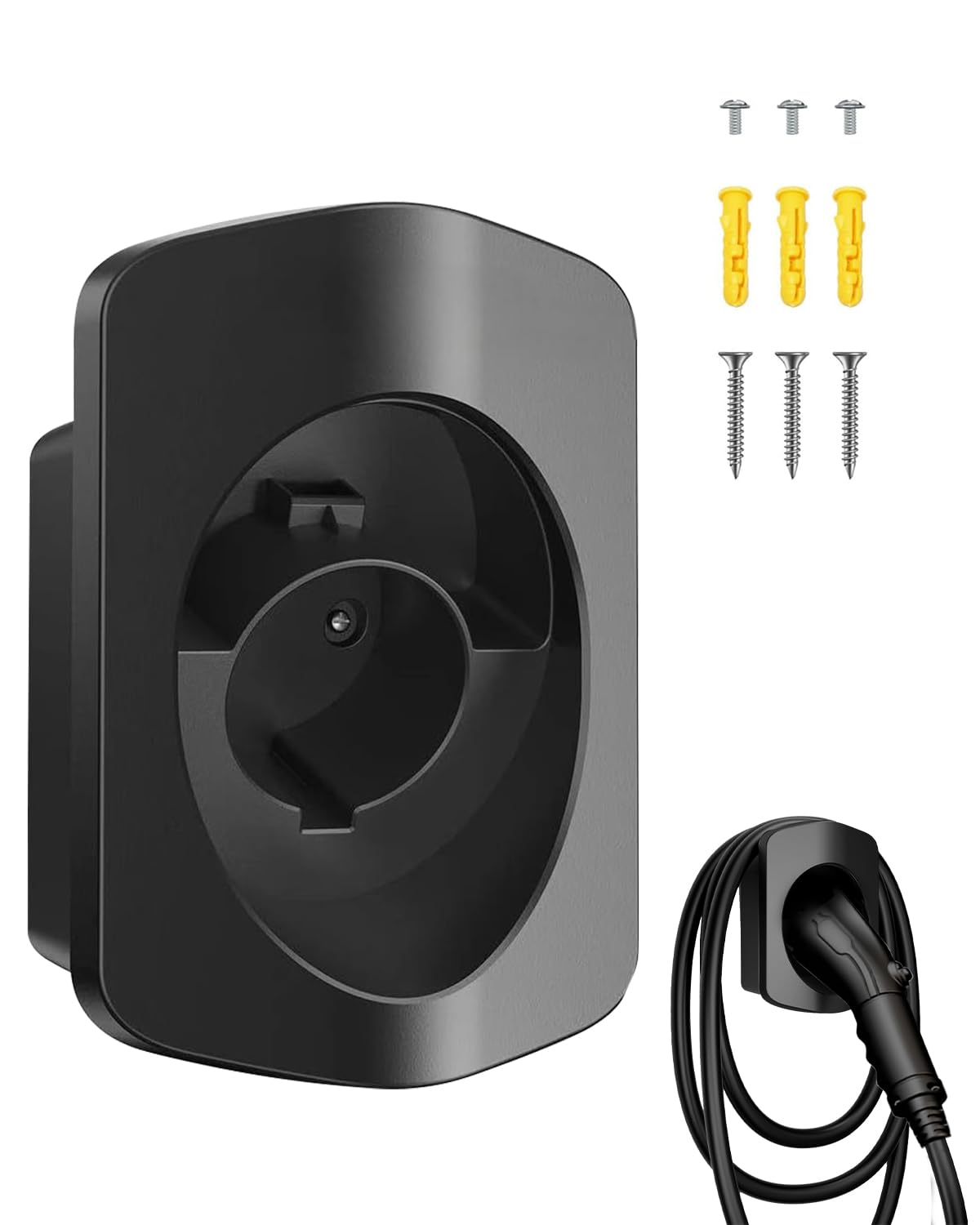 2-in-1 EV Charger Holder & J1772 Cable Organizer - Wall Mount Electric Car Charging Plug Hanger with Screws - Keep Your Garage Clean & Tidy for Tesla, Nissan Leaf, Chevy Bolt (Perfect for Home & Public Charging Stations)