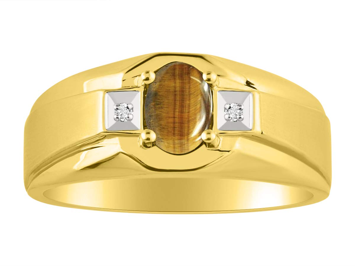 Rylos Men's Classic 7X5MM Oval Gemstone & Diamond Ring - Yellow Gold Plated Silver Birthstone Rings for Men (Sizes 8-13) | Perfect for Weddings, Anniversaries & Gifts