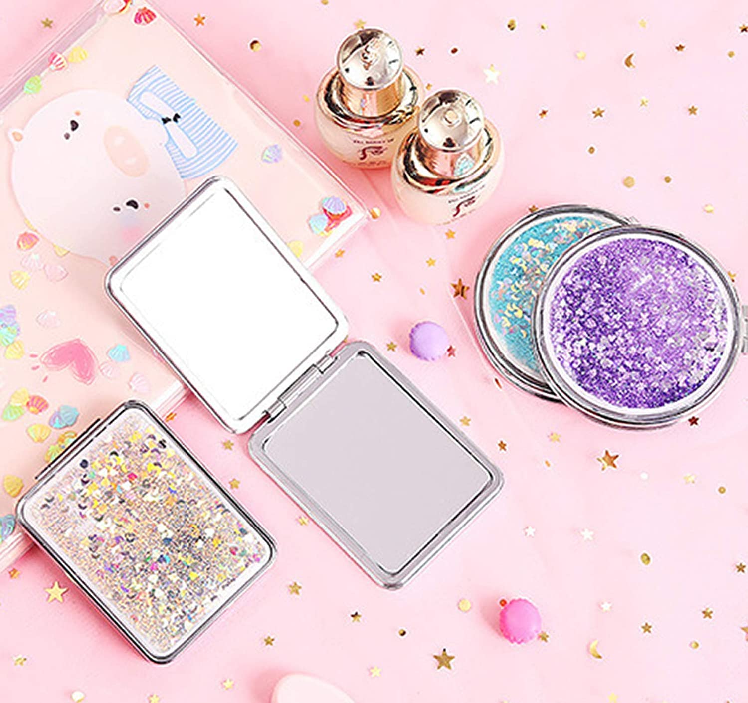 MEPOINT Compact Glass Makeup Mirror - Mini Portable Double-Sided Magnifying Handheld Mirror with Dream Quicksand Design - Perfect for Travel, Home Vanity & Makeup Application (Square, Pink)