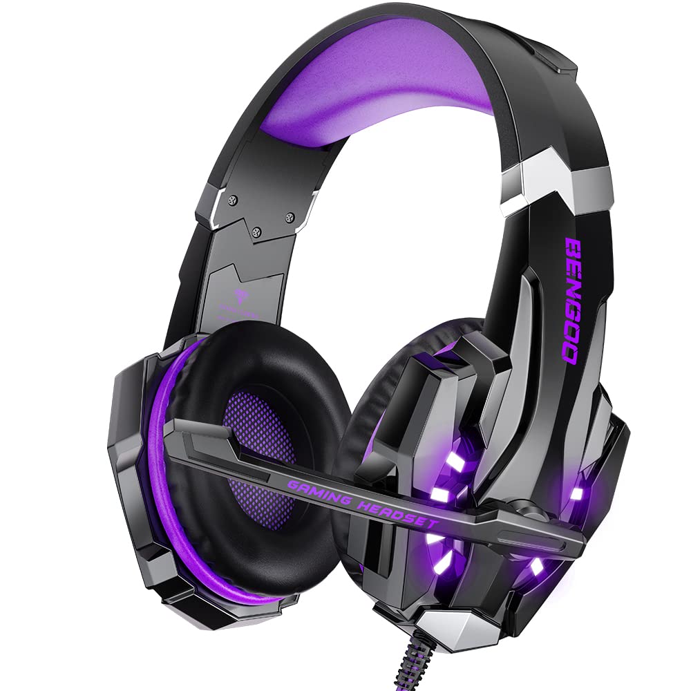 BENGOO G9000 Wired Gaming Headset with Microphone - Noise Cancelling Over-Ear Headphones for PS5, PS4, Xbox One, PC - RGB LED Lights & Soft Memory Foam Earmuffs (Purple) - Perfect for Competitive Gaming, Streaming & Online Meetings