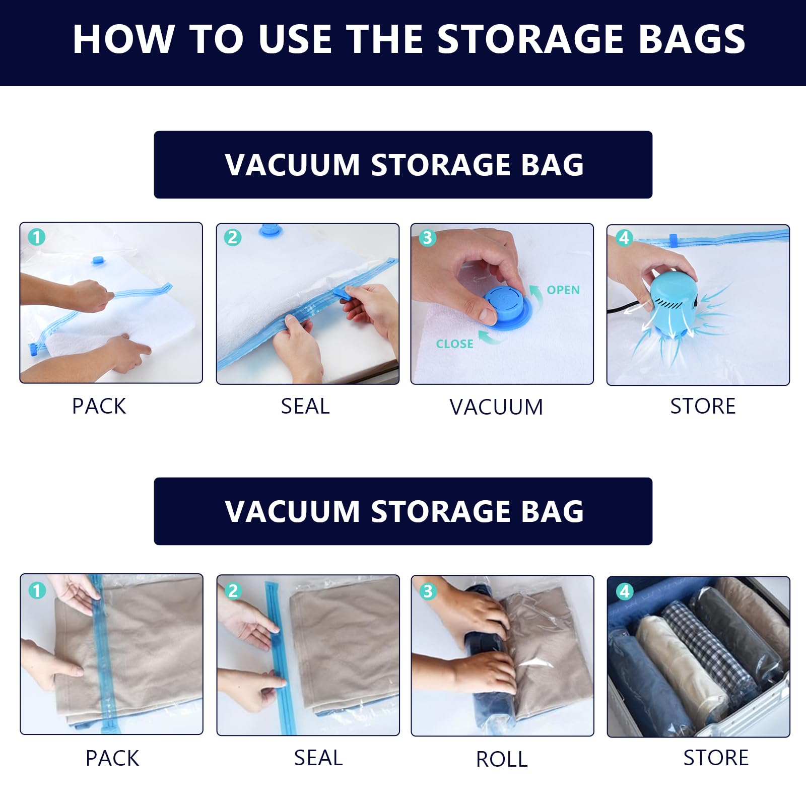 15 Pack Vacuum Seal Bags with Electric Pump - 3 Jumbo, 3 Large, 3 Medium, 3 Small, 3 Roll Up Storage Bags for Clothes, Blankets & Bedding | Space Saving Travel & Luggage Organizer | Perfect for Moving, Seasonal Storage & Compact Packing