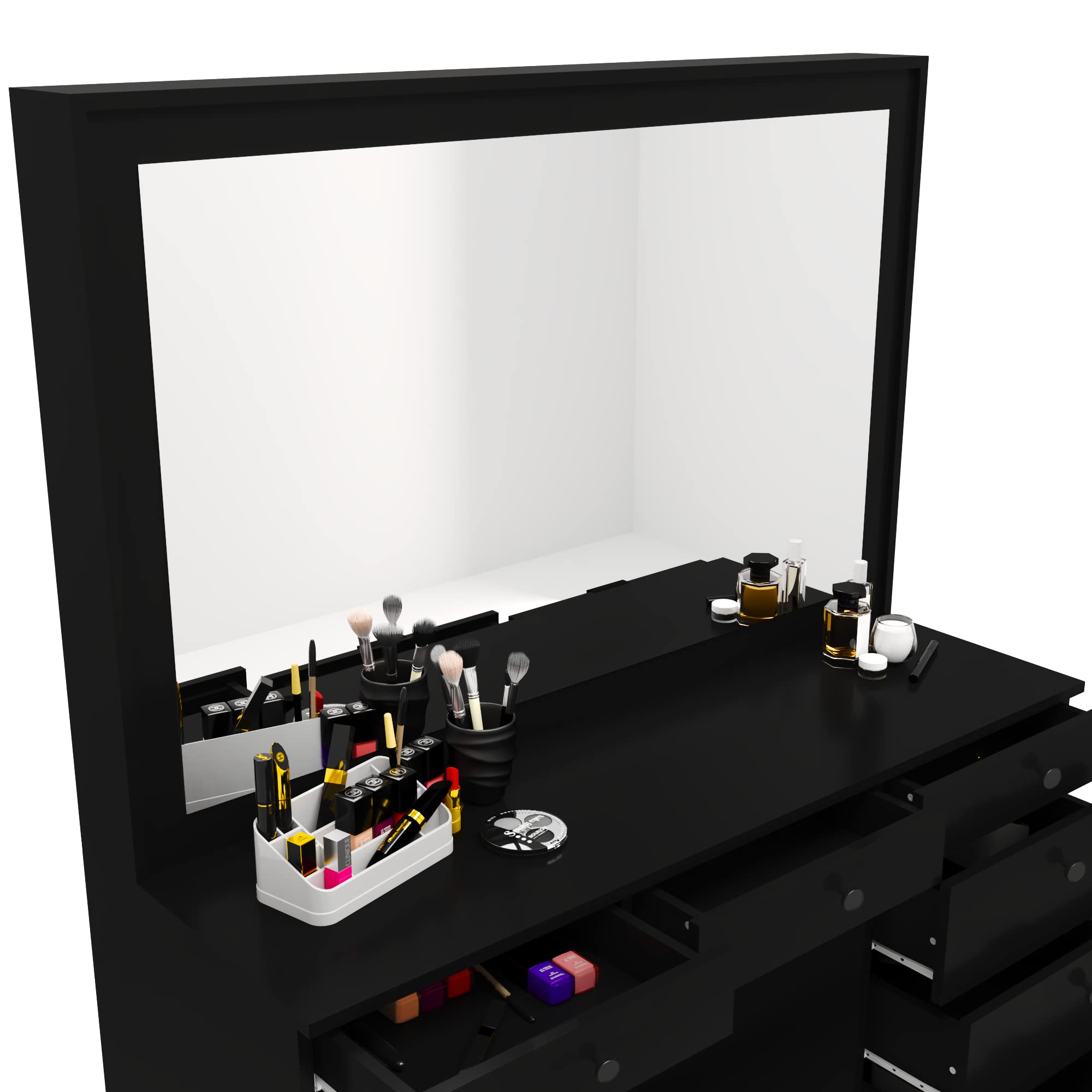 Boahaus Joan 7-Drawer Makeup Vanity Desk with Hollywood Mirror, Black Painted Dressing Table for Bedroom - Perfect for Makeup Organization & Beauty Routine