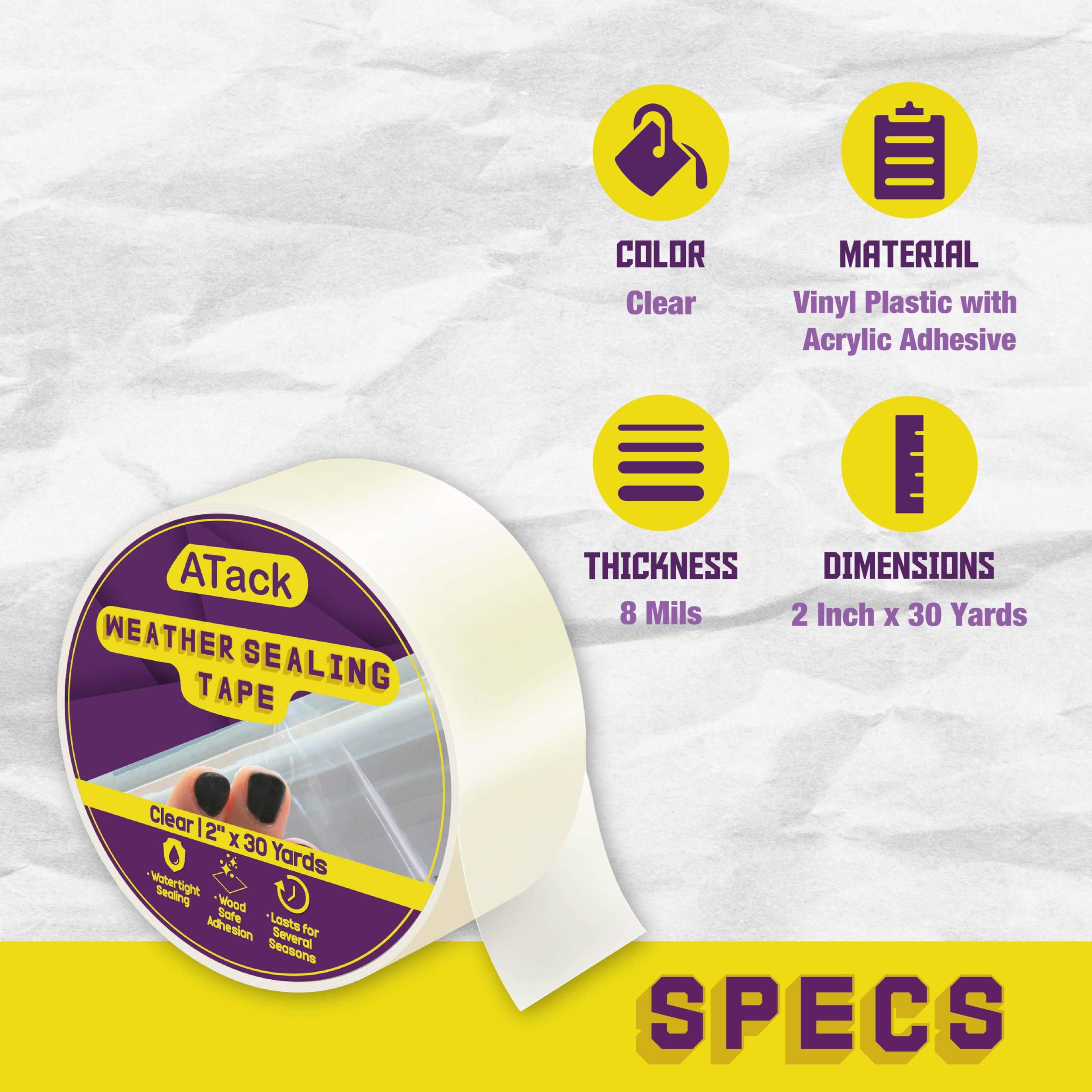 ATack 2-Inch x 30 Yards Clear Window Weather Sealing Tape - No Residue, Surface-Safe, Wood-Safe, Removes Cleanly - Perfect for Draft Proofing Windows, Doors and Home Insulation in Winter