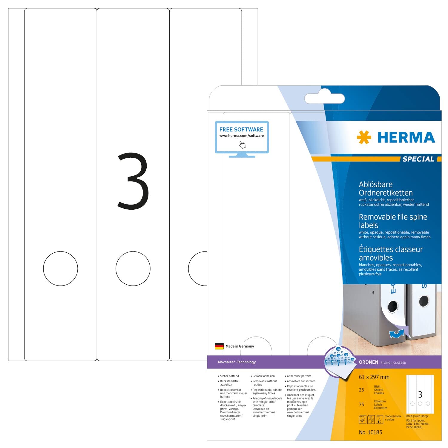 HERMA 10185 Removable Self-Adhesive Spine Labels - 3 Labels per A4 Sheet, 25 Sheets (75 Total), 61 x 297 mm - Blank Lever Arch File Folder Stickers for Laser & Inkjet Printers - White - Perfect for Office Organization, File Sorting & Document Management