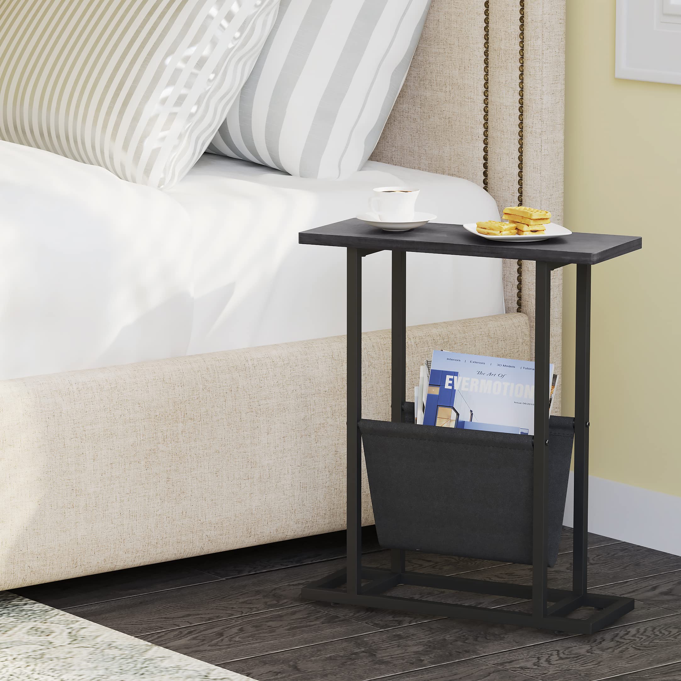 Yusong 2-Pack Slim Narrow Side Table Set for Small Spaces - Compact End Table, Nightstand with Storage Shelf - Accent Skinny Snack Table for Couch, Bedside - Grey - Perfect for Apartments, Dorms & Cozy Living Rooms