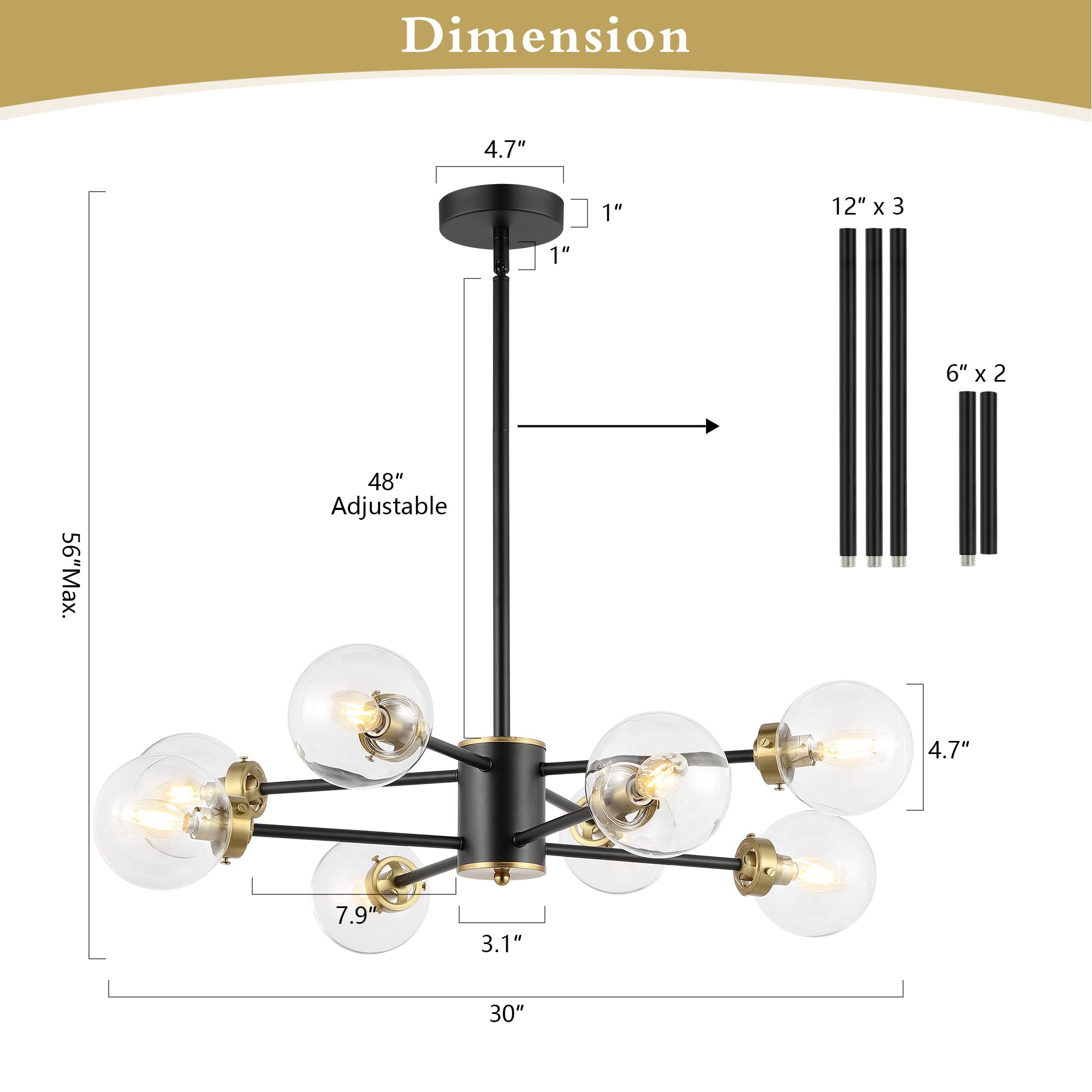 WINGBO 8-Light Sputnik Chandelier - Modern Adjustable Pendant Light Fixture with 4.7