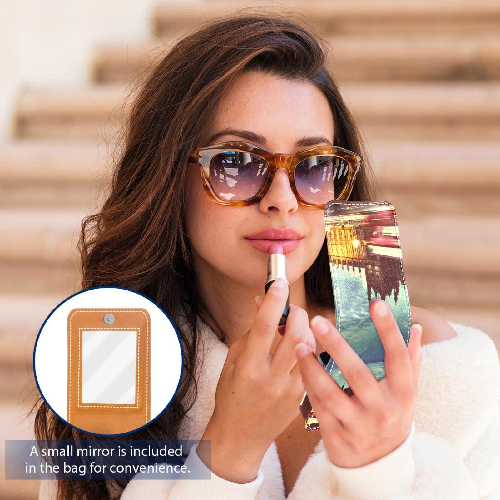 Portable Leather Lipstick Case with Mirror - Mini Travel Cosmetic Pouch for Women | Big Ben London Night Scenery Design | Perfect for Travel, Daily Makeup Storage & Gift Giving