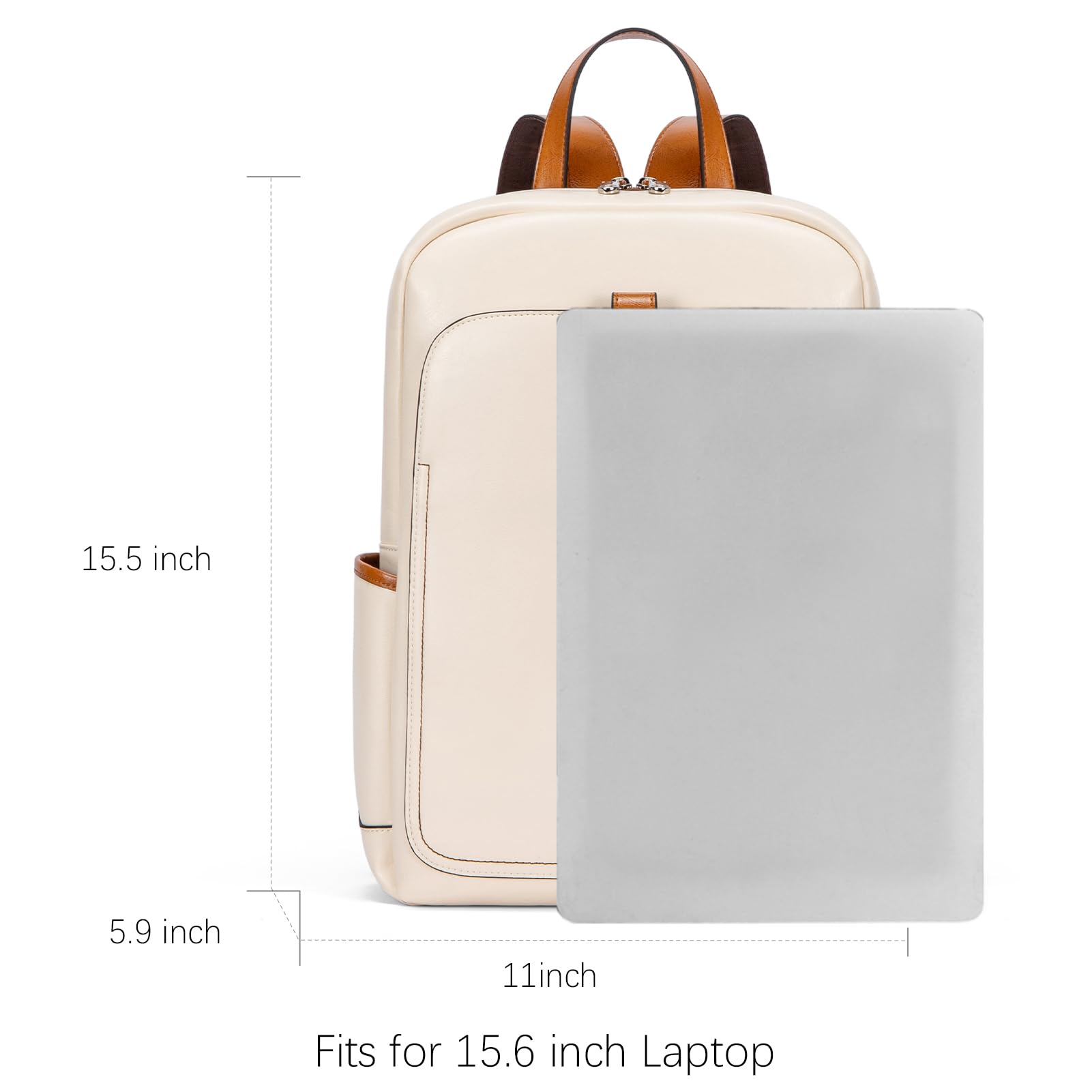 BOSTANTEN Women's Leather Laptop Backpack 15.6 Inch - Stylish College Work Travel Bag for Women, Beige-White - Perfect for Office, School & Business Trips