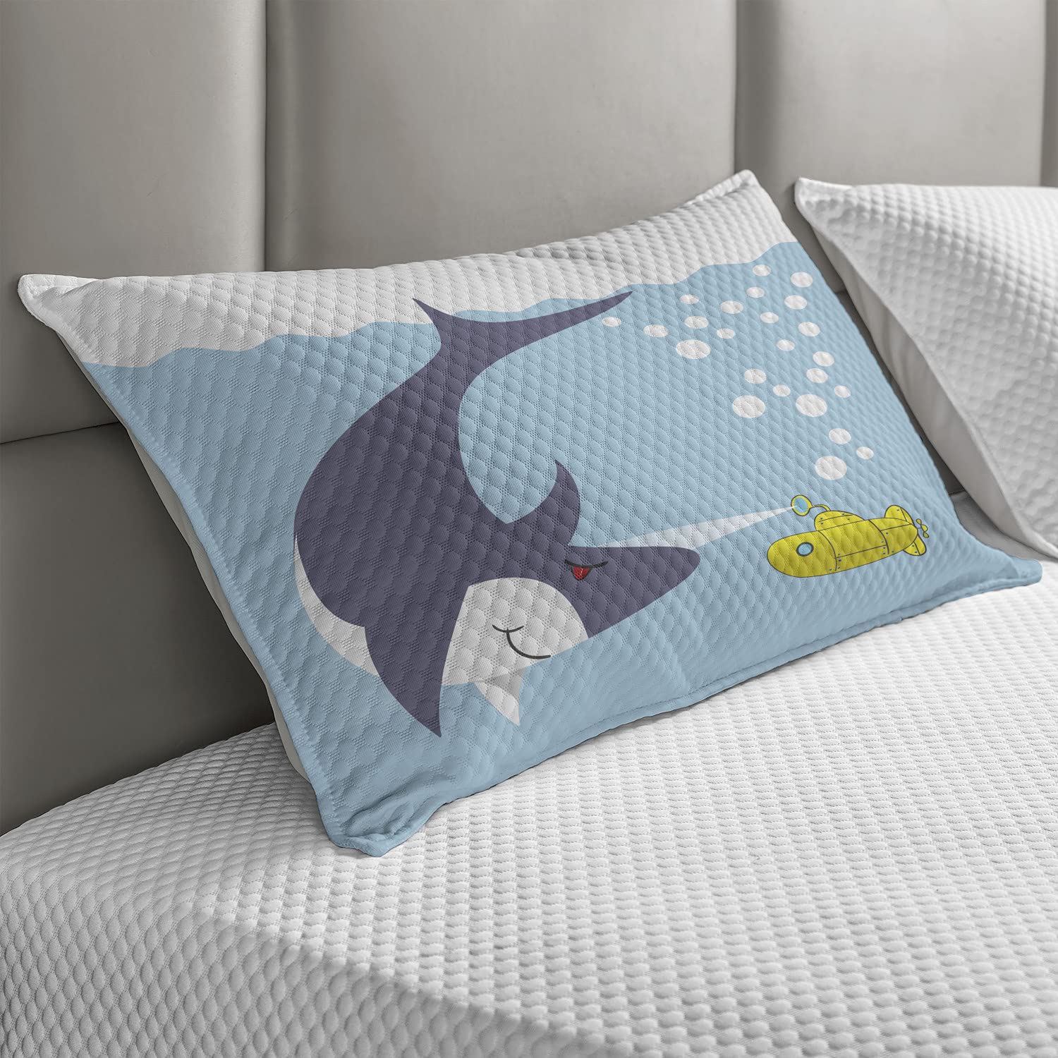 Ambesonne Yellow Submarine Quilted Pillow Cover - Shark & Vessel Ocean Bubbles Underwater Cartoon Design - Standard Queen Size 30x20 Inch Blue Grey Yellow Accent Pillow Case for Bedroom, Living Room & Dorm Decor