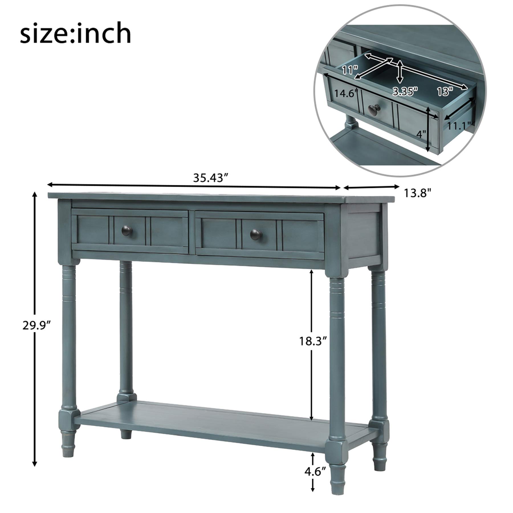 P PURLOVE Navy Wooden Console Table with 2 Drawers & Bottom Shelf - Entryway Sofa Table, Hallway Sideboard, Bedroom Storage Furniture for Home Decor