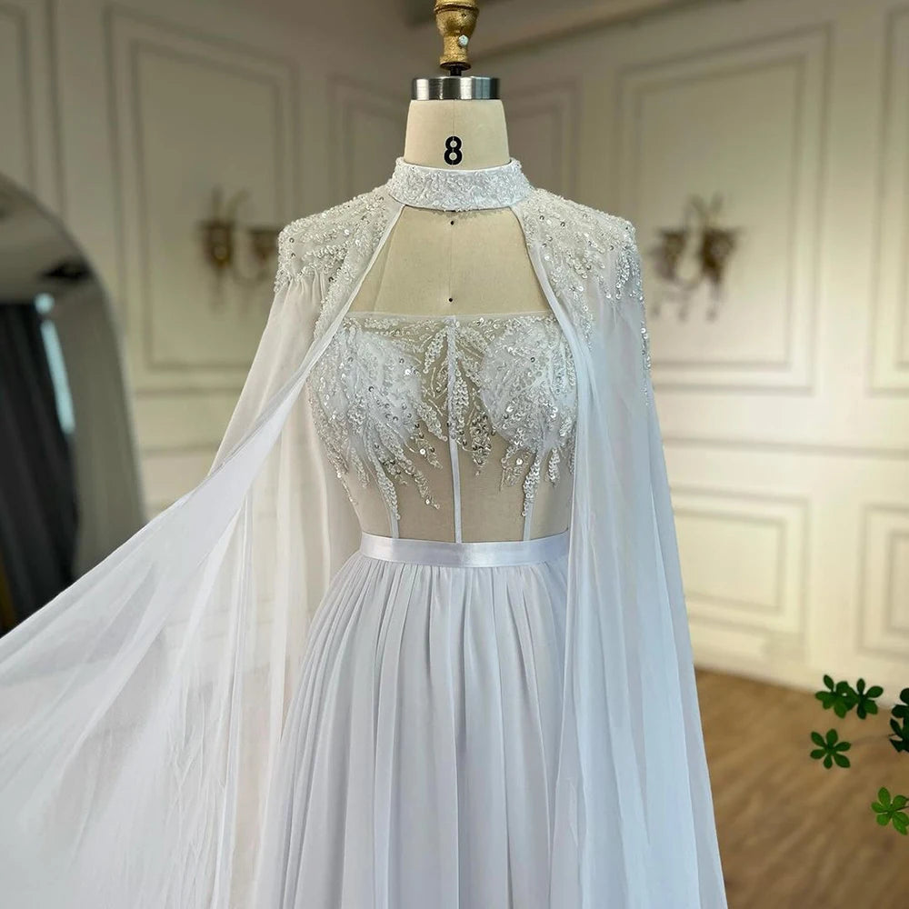 Elegant Arabic White Beaded Lace Mermaid Wedding Gown with Detachable Cape | Women's Evening Dress for Bridal Party, Prom, Gala & Special Occasions 2025 LA72415 | Perfect for Beach Weddings, Red Carpet Events & Formal Dinners