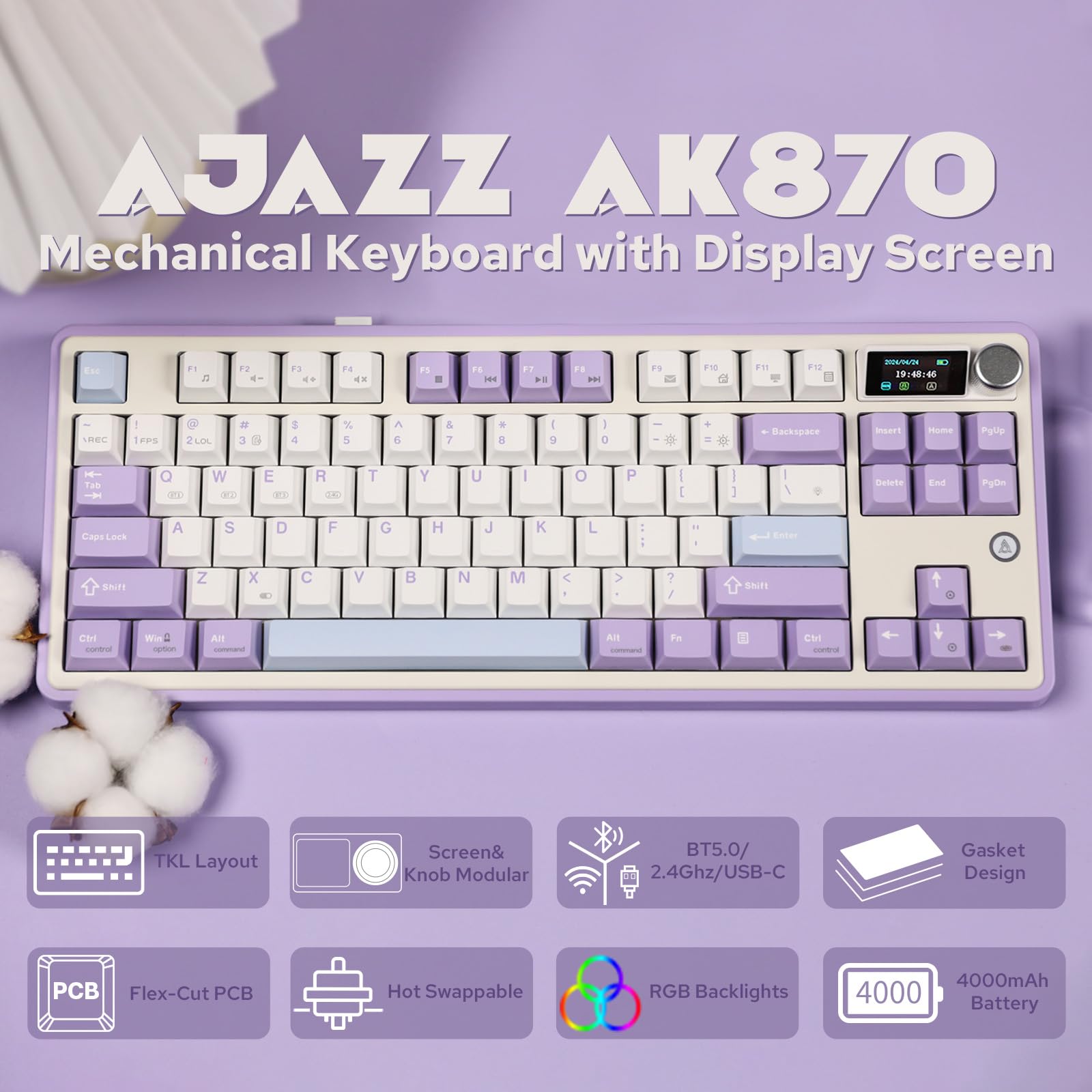 AJAZZ AK870 87-Key Wireless Mechanical Gaming Keyboard - Hot-Swappable Screen & Knob, Bluetooth 5.0/2.4GHz/USB-C, Gasket Mount with 5-Layer Padding for Windows/Mac (Purple, Hyacinth Switch) - Perfect for Esports, Office Work & Streaming