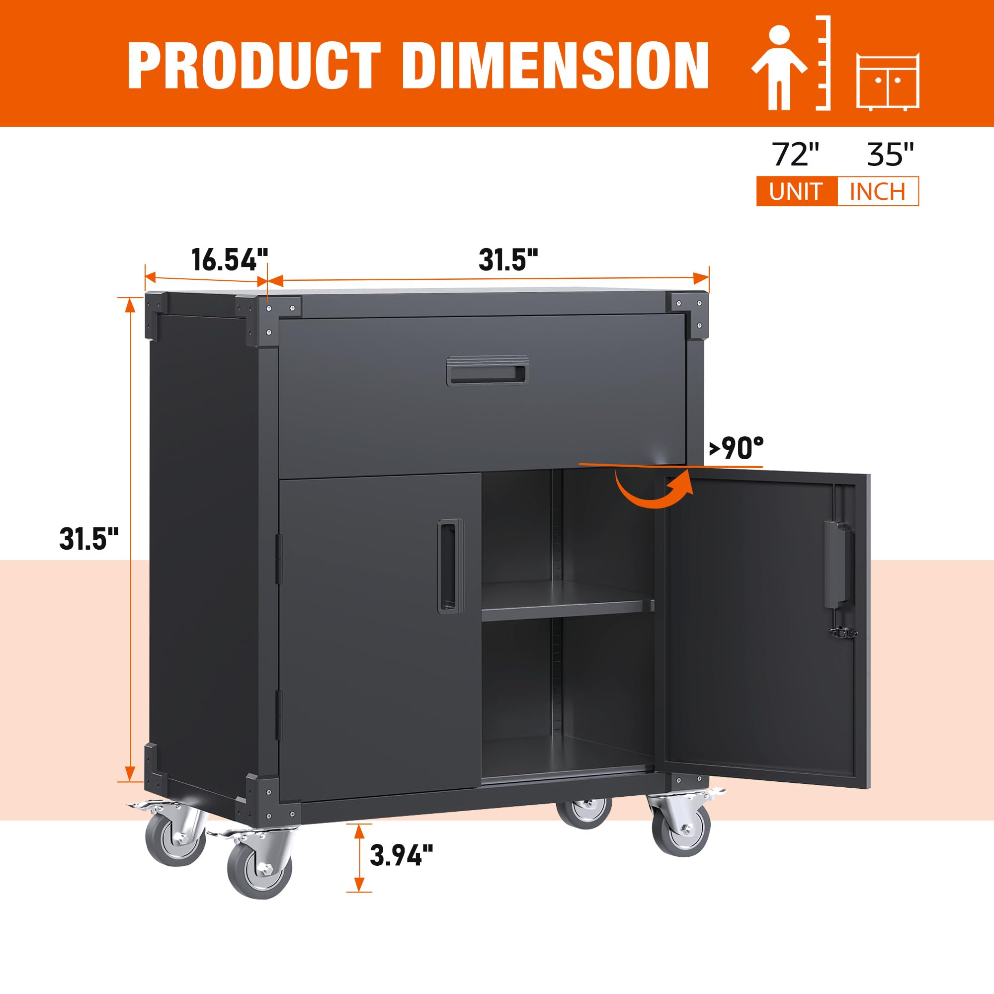 Heavy-Duty Metal Garage Storage Cabinet with Wheels - 2 Doors & 1 Drawer Mobile Steel Utility Cabinet for Garage, Workshop, Home & Office Organization - Easy Assembly (Black) | Perfect for Tools, Cleaning Supplies & Home Storage Solutions