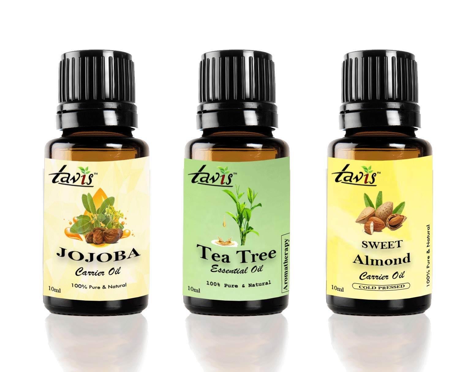 Pure Tavis Jojoba Oil, Sweet Almond Oil & Tea Tree Oil Set for Skin & Hair Care - Natural Moisturizer for Face, Body & Scalp Treatment