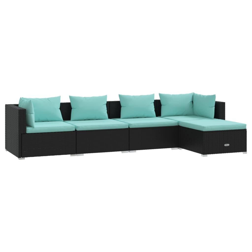 vidaXL 5-Piece Patio Lounge Set - Outdoor Garden Furniture, Black Poly Rattan Sectional Sofa with Cushions - Perfect for Backyard, Poolside & Patio Relaxation