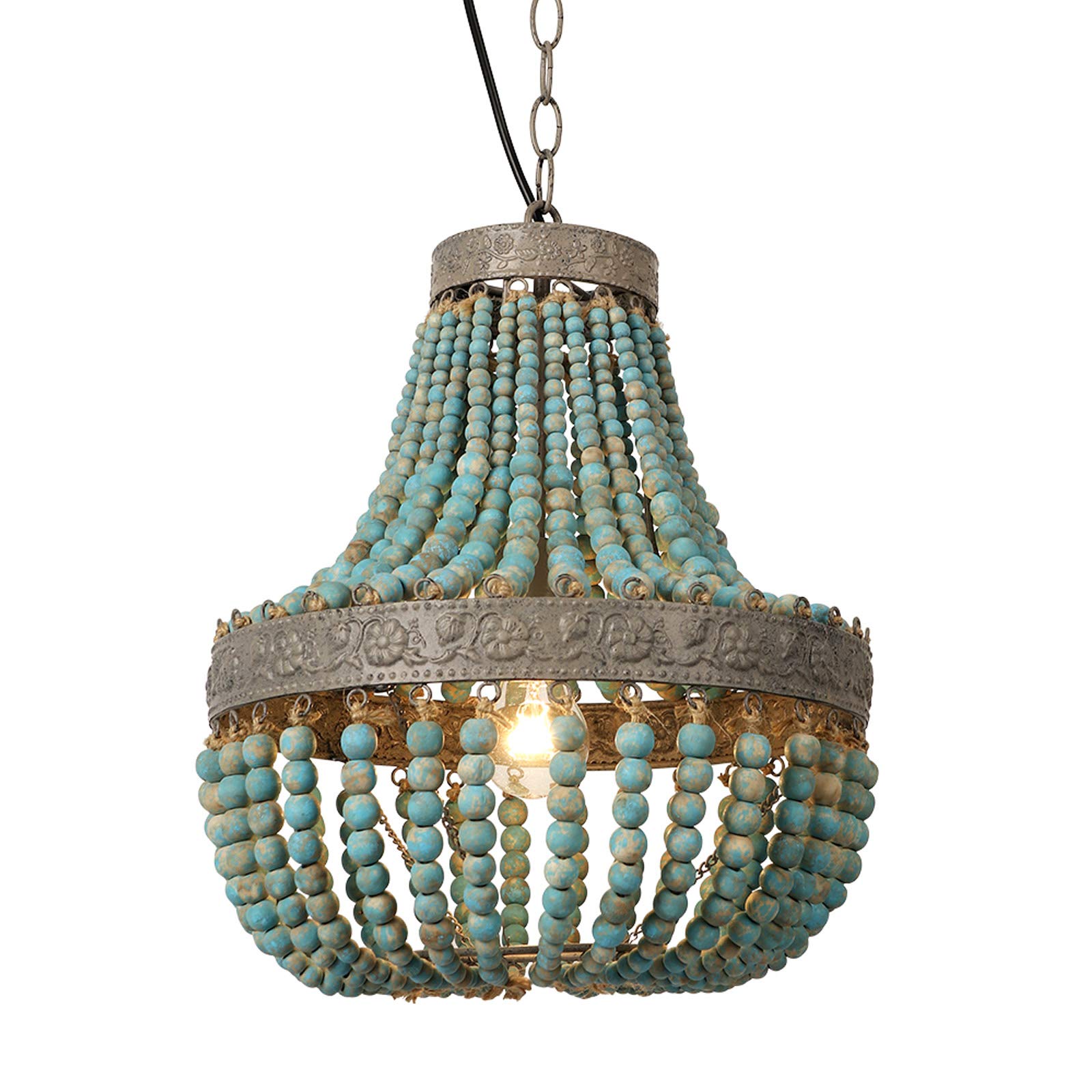 Newrays Wood Bead Chandelier Pendant Light - Vintage Gray Blue Rustic Ceiling Lamp for Kitchen, Dining Room & Farmhouse Decor | Energy Efficient Lighting Fixture