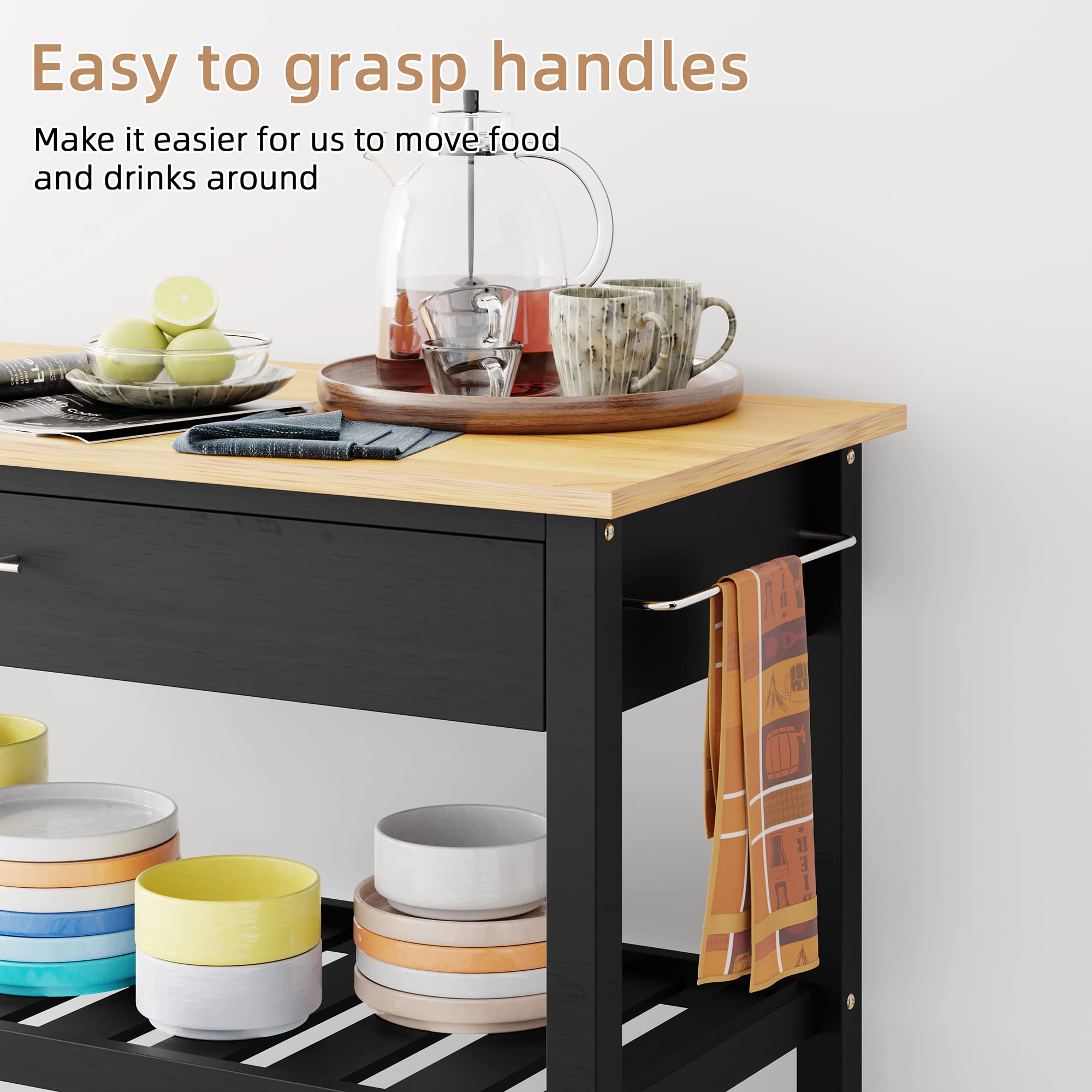 Shintenchi Kitchen Island Cart with Storage - Rolling Mobile Kitchen Cart with Large Worktop, Storage Cabinet, Towel Rack, Drawers & Open Shelves - Perfect for Small Kitchens, Dining Rooms & Apartments (Black)