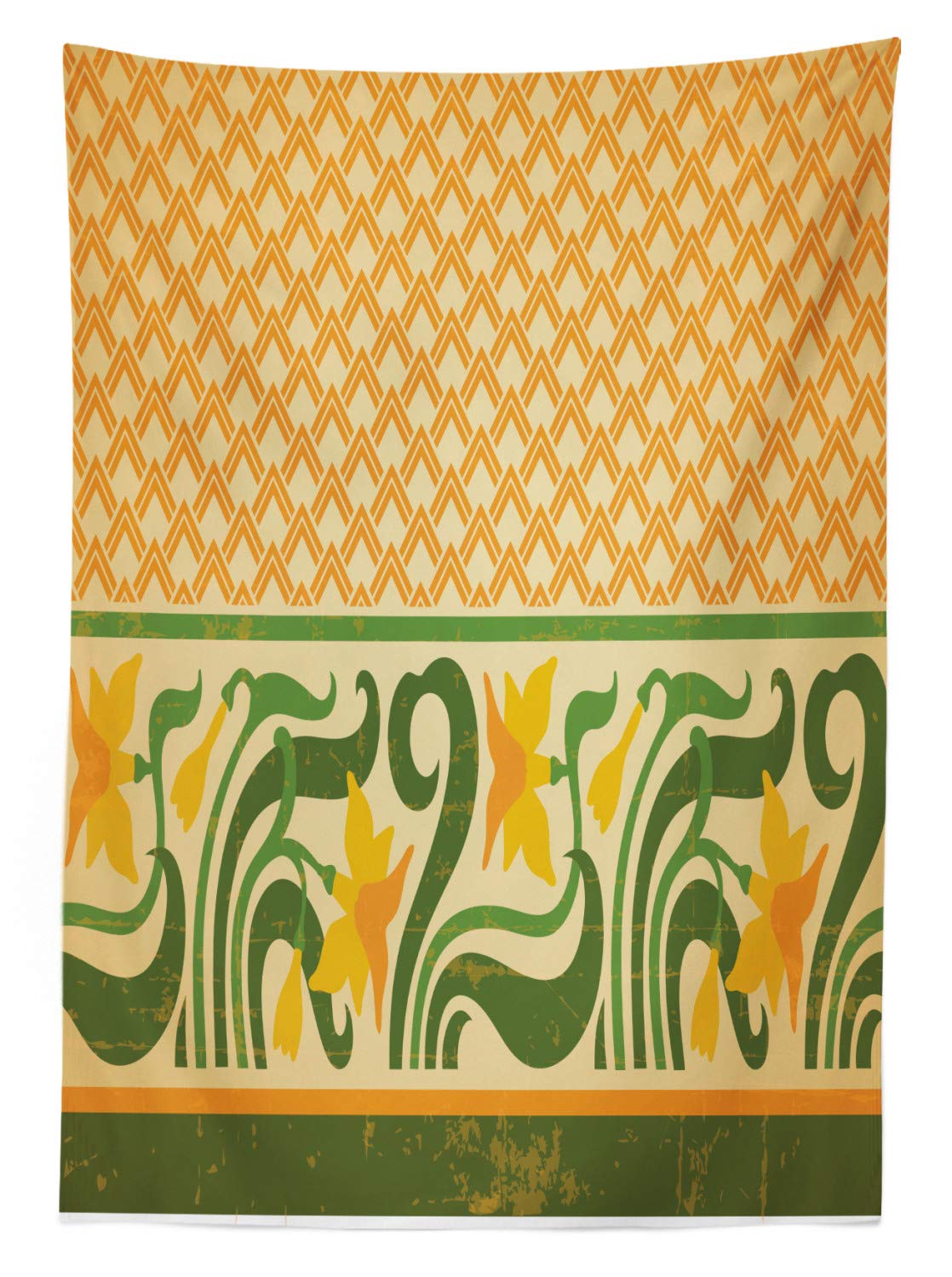 Ambesonne Art Nouveau Outdoor Tablecloth - Washable Picnic Table Cover with Geometric Pattern & Exotic Daffodil Floral Border, 58x84 Inches, Orange Yellow Green - Perfect for Garden Parties, BBQs, and Outdoor Dining