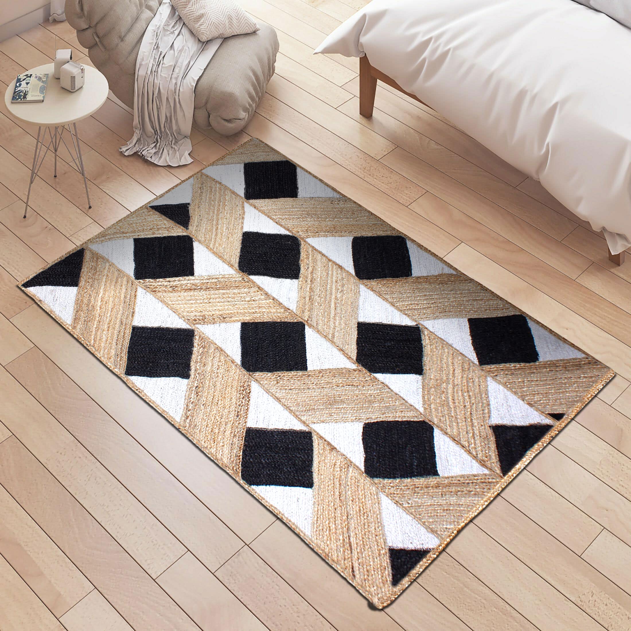 Hand Braided Geometric Beige & Black Area Rug - 4x4 Feet Square Boho Chic Decor for Hallway, Dining Room, Living Room, Bedroom & Kitchen | Soft & Durable Floor Mat for Home, Office & Airbnb Styling