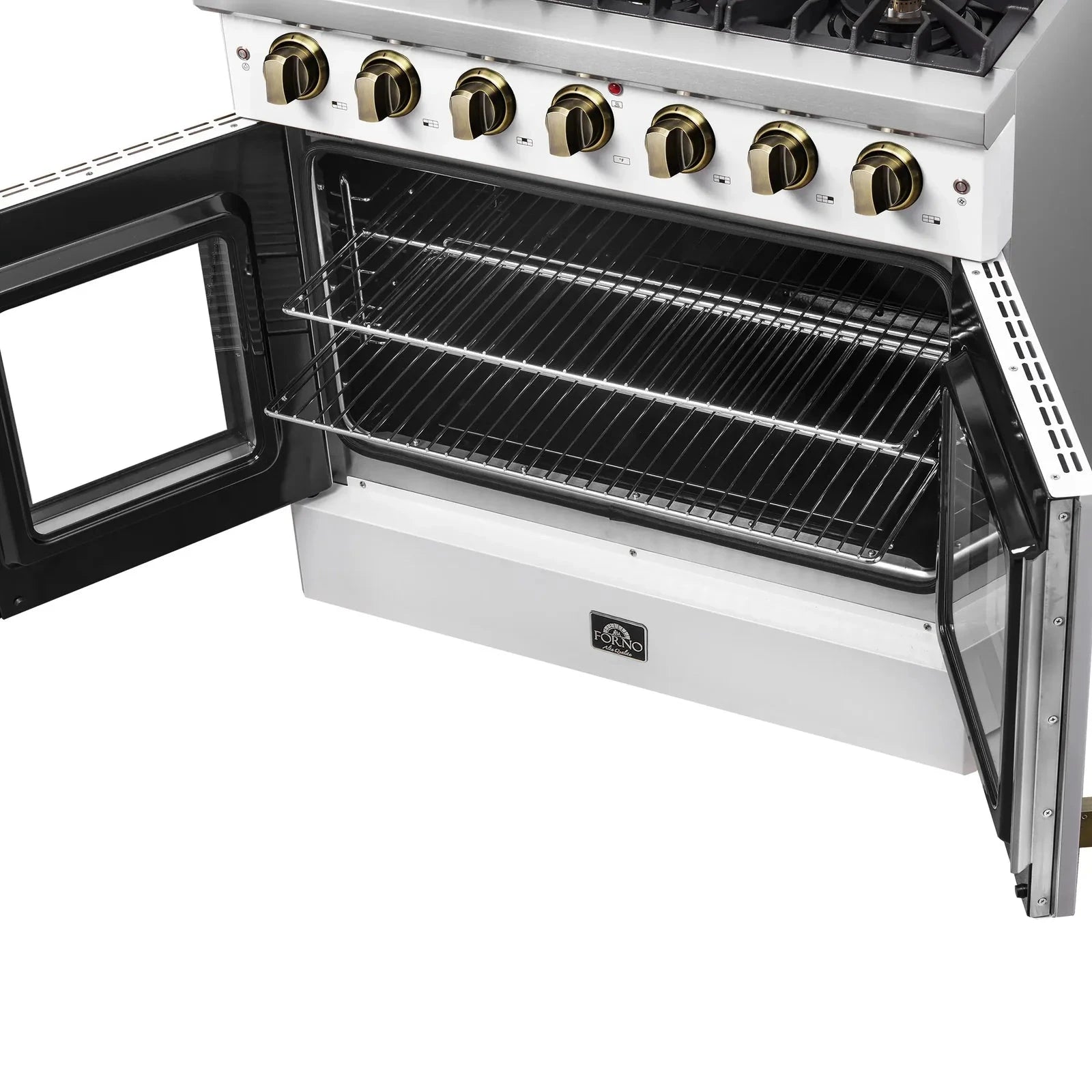 Forno Galiano 36-Inch French Door All Gas Range in White with Antique Brass Trim - Model FFSGS6444 36WHT | Professional Kitchen Appliance for Home Chefs & Modern Cooking