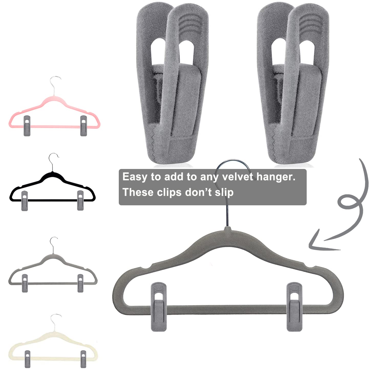 40 PCS Gray Non-Slip Velvet Hanger Clips - Skirt & Pants Hangers for Slim Velvet Hangers, Perfect for Closet Organization & Space Saving