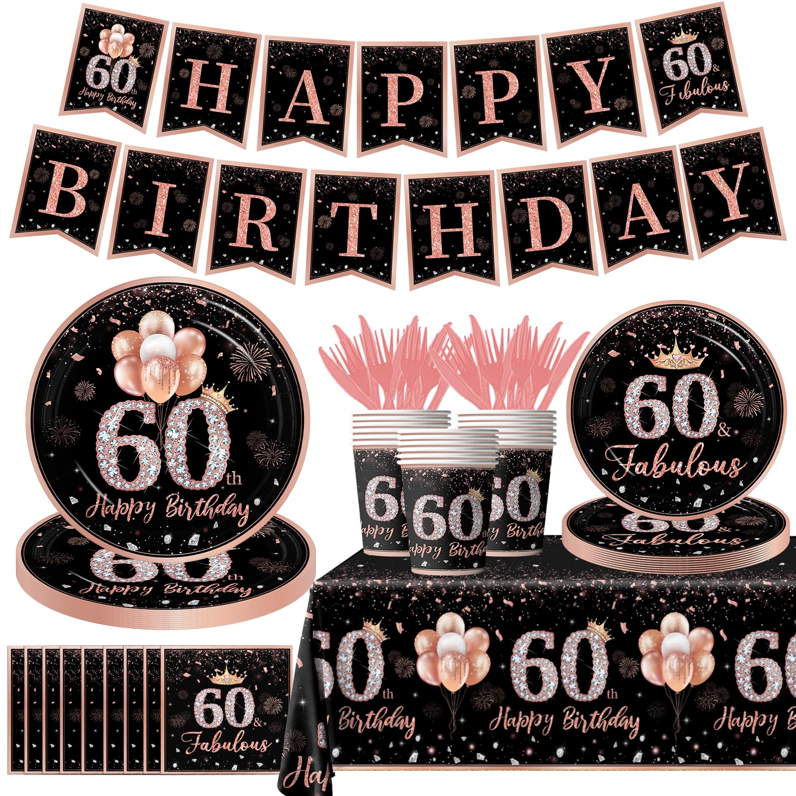 142Pcs Rose Gold 60th Birthday Party Tableware Set - Disposable Tablecloth, Plates, Napkins, Cups, Forks & Knives for Women's 60 Years Old Celebration - Perfect for Themed Decorations, Retirement Parties & Milestone Birthday Events