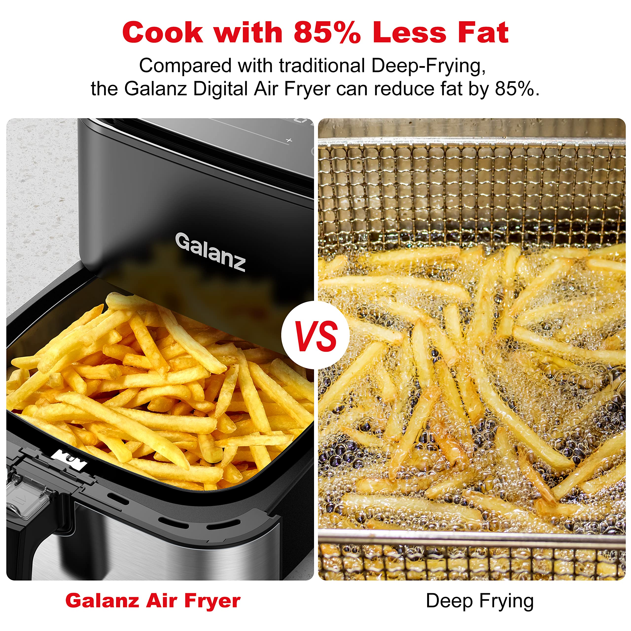 Galanz 5.8 Quart Stainless Steel Digital Air Fryer - Oil Free, Touch Control Panel, 8 Preset Functions, Shake Reminder & Nonstick Basket - Perfect for Healthy Cooking, Family Meals & Quick Snacks