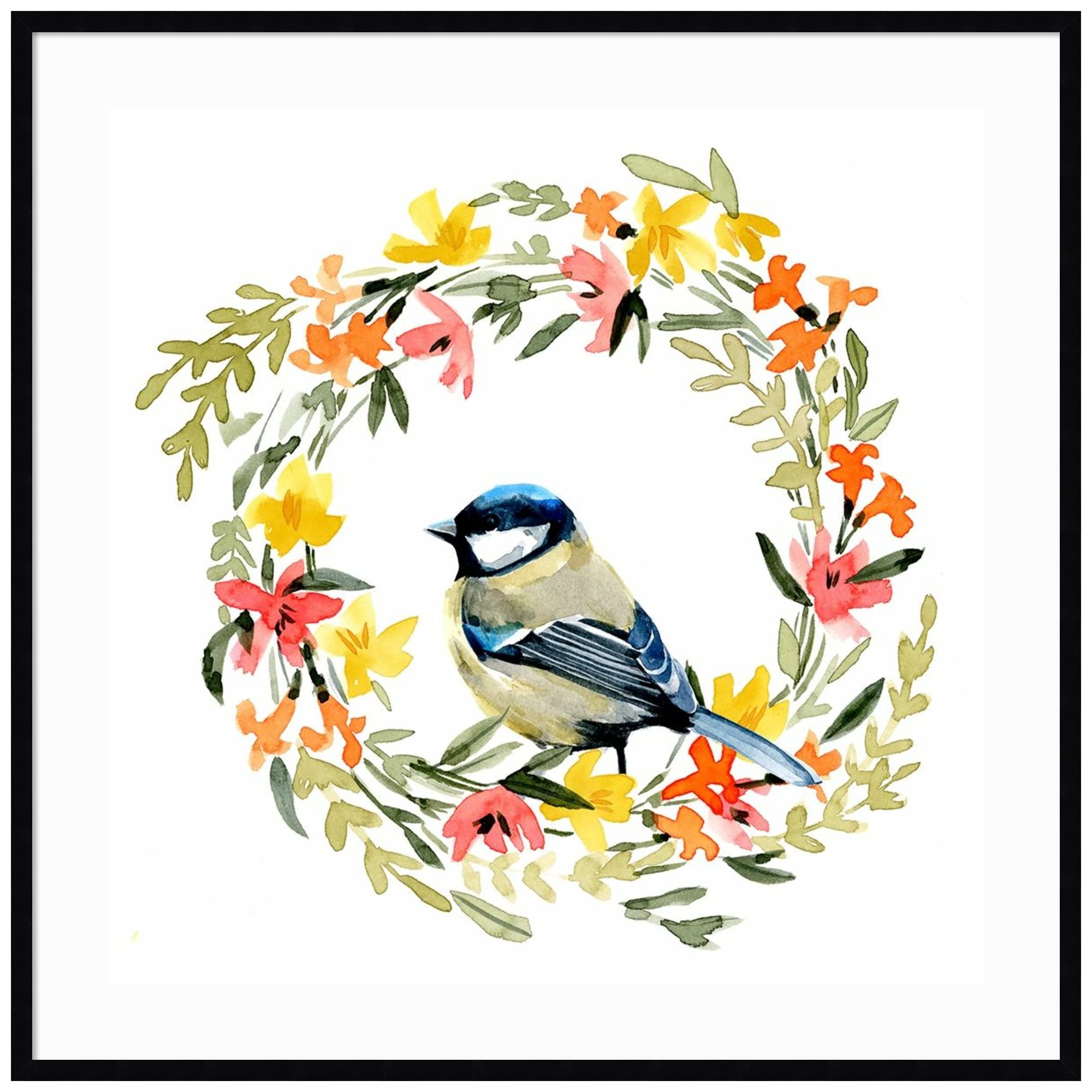 Emma Caroline Springtime Wreath and Bird II Wall Art Print - 41x41 Inch Oversized Wood Framed Canvas Painting, Svelte Noir Black Frame - Perfect for Living Room, Bedroom & Office Decor