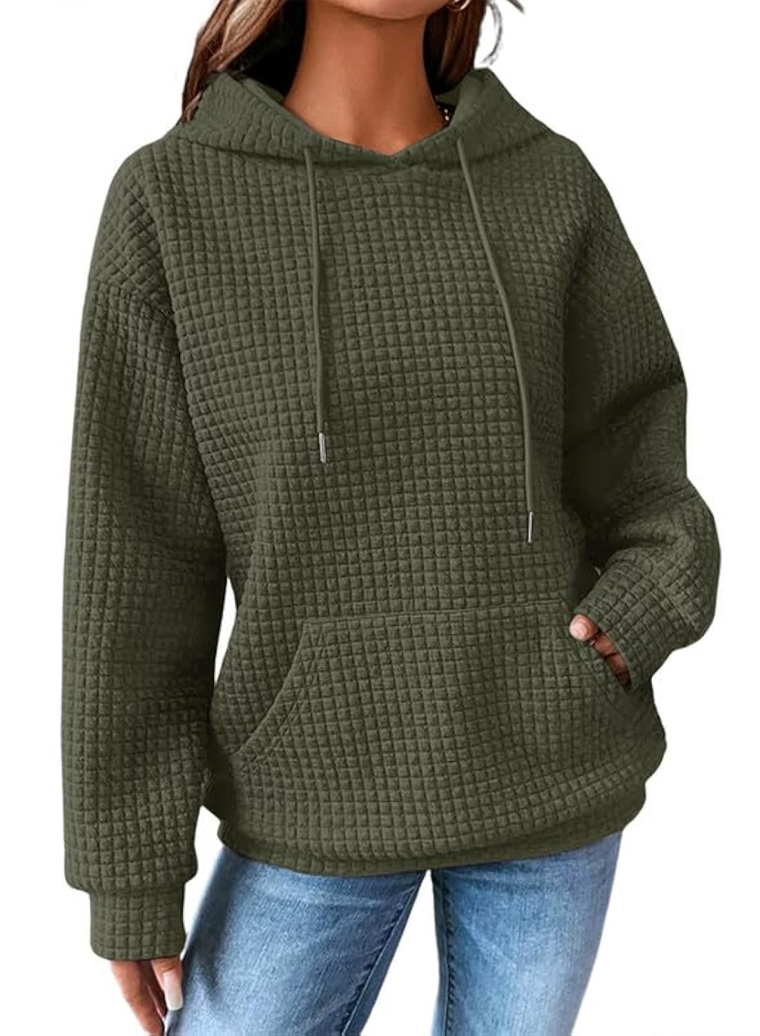 SHEWIN Women's Casual Long Sleeve Waffle Pullover Hoodie with Drawstring & Pocket - Loose Fit Hooded Sweatshirt for Everyday Wear, Lounge & Outdoor Activities