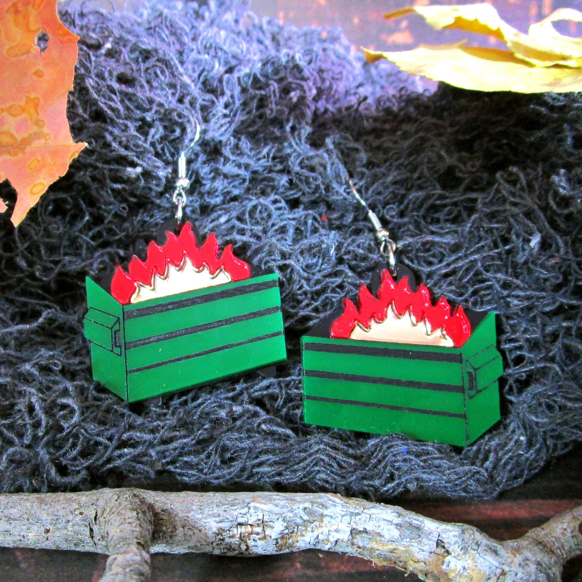 Funny Green Dumpster Fire Burning Trash Garbage Dangle Earrings - Unique Novelty Jewelry for Women - Perfect for Costume Parties, Gifts & Statement Fashion