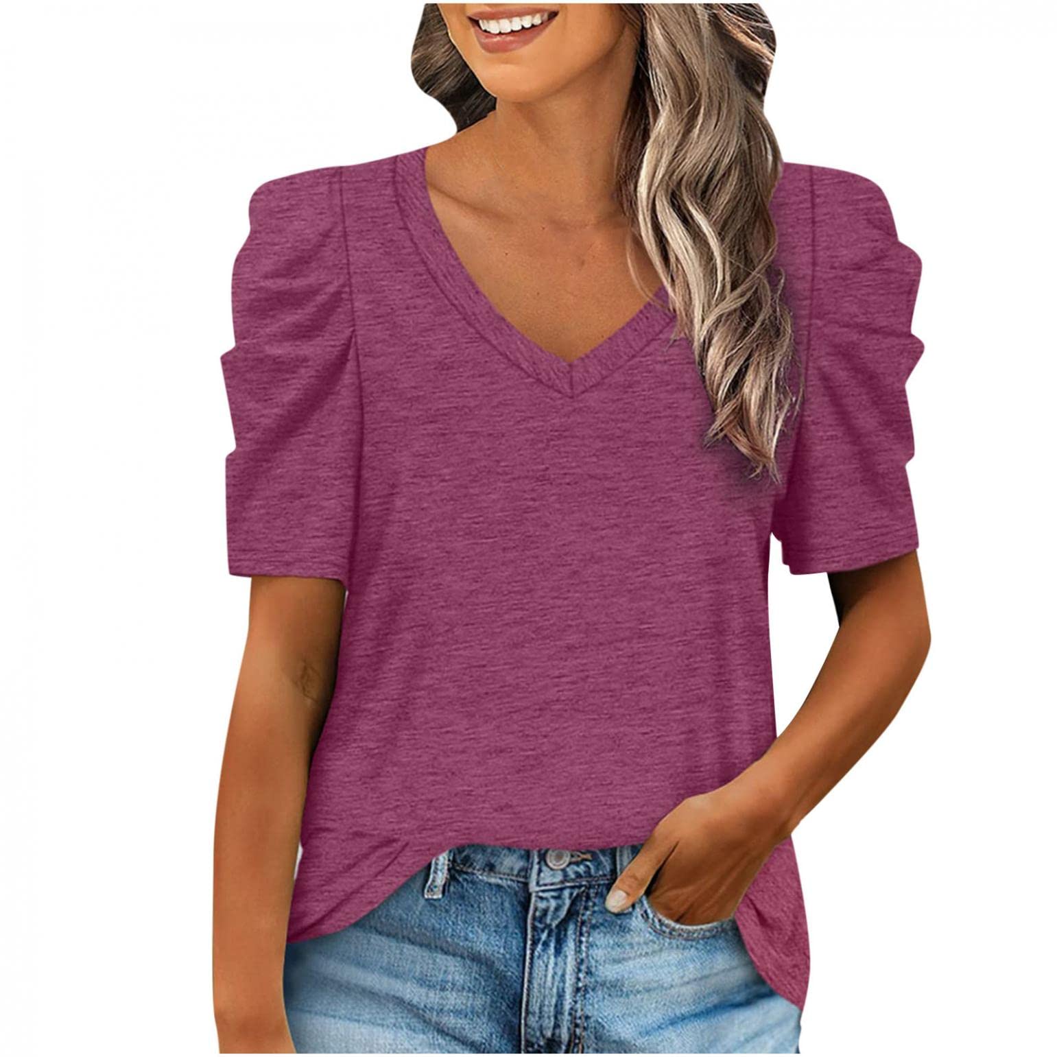 YZHM Women's Short Sleeve V-Neck T-Shirt - Summer Basic Blouse with Puff Sleeves, Casual & Dressy Comfortable Tunic Top | Perfect for Everyday Wear, Office Outfits and Weekend Outings