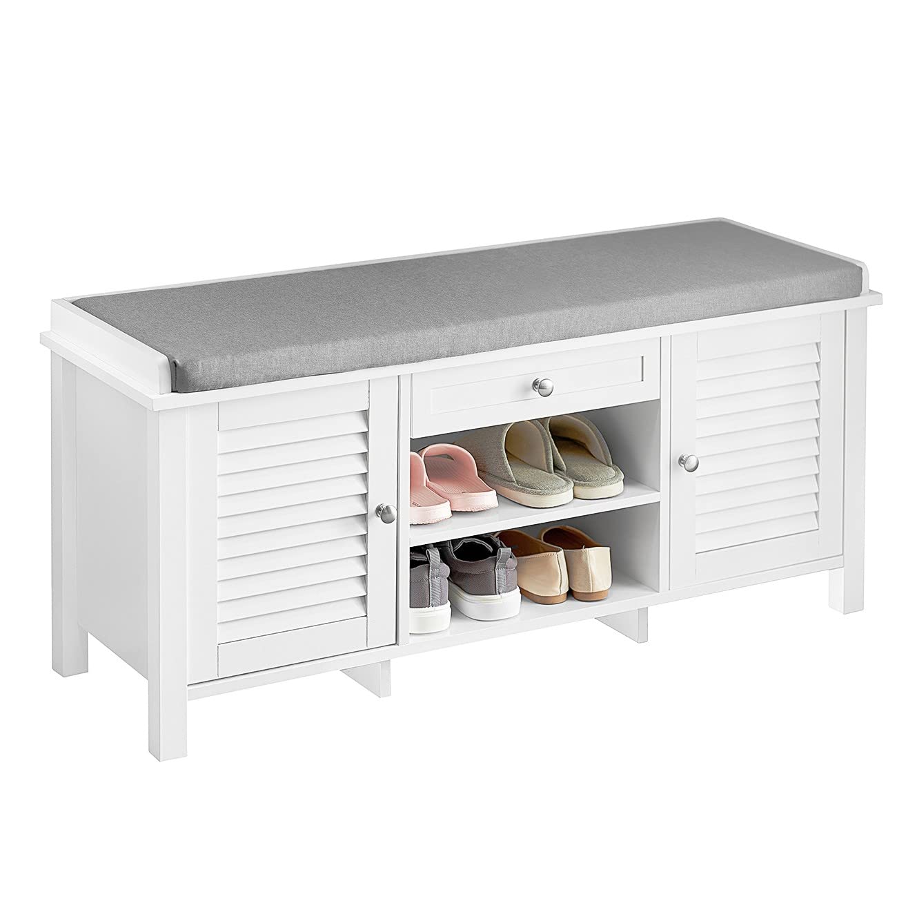 Haotian FSR83-W White Storage Bench with 2 Doors, 1 Drawer & Shelf - Removable Seat Cushion Shoe Cabinet for Entryway, Hallway & Bedroom Organization