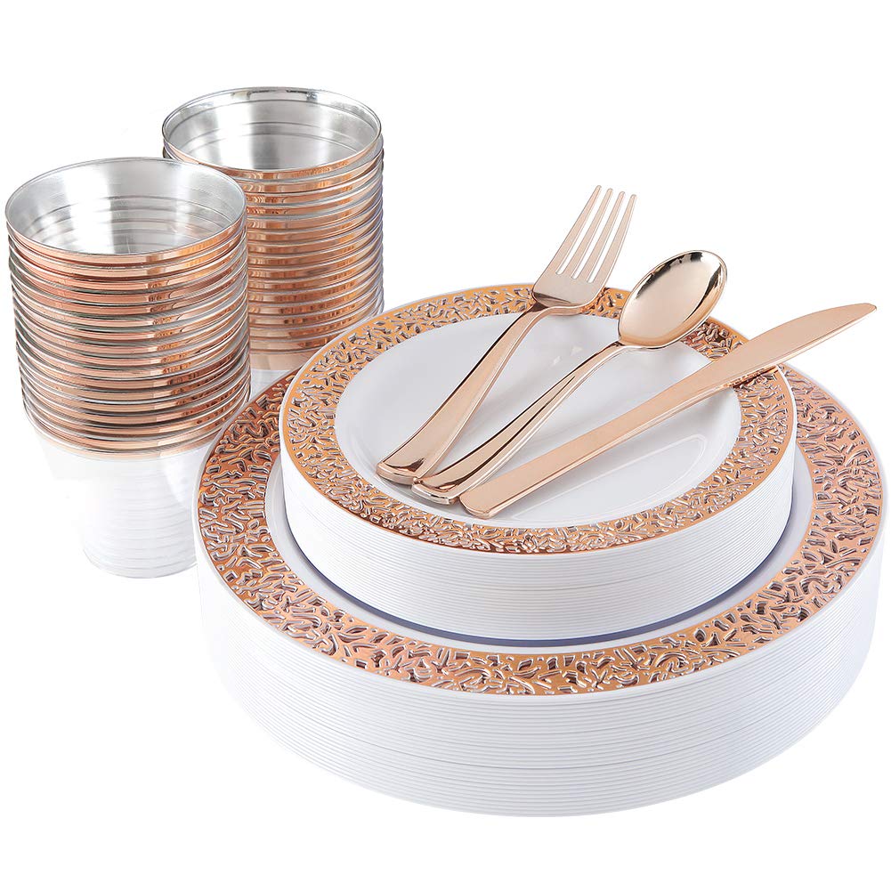 180-Piece Rose Gold Disposable Dinnerware Set - 30 Plates, Forks, Knives, Spoons & 9oz Cups - Elegant Plastic Utensils for Parties, Weddings, Birthdays & Special Events - Perfect for Bridal Showers, Baby Showers & Holiday Gatherings