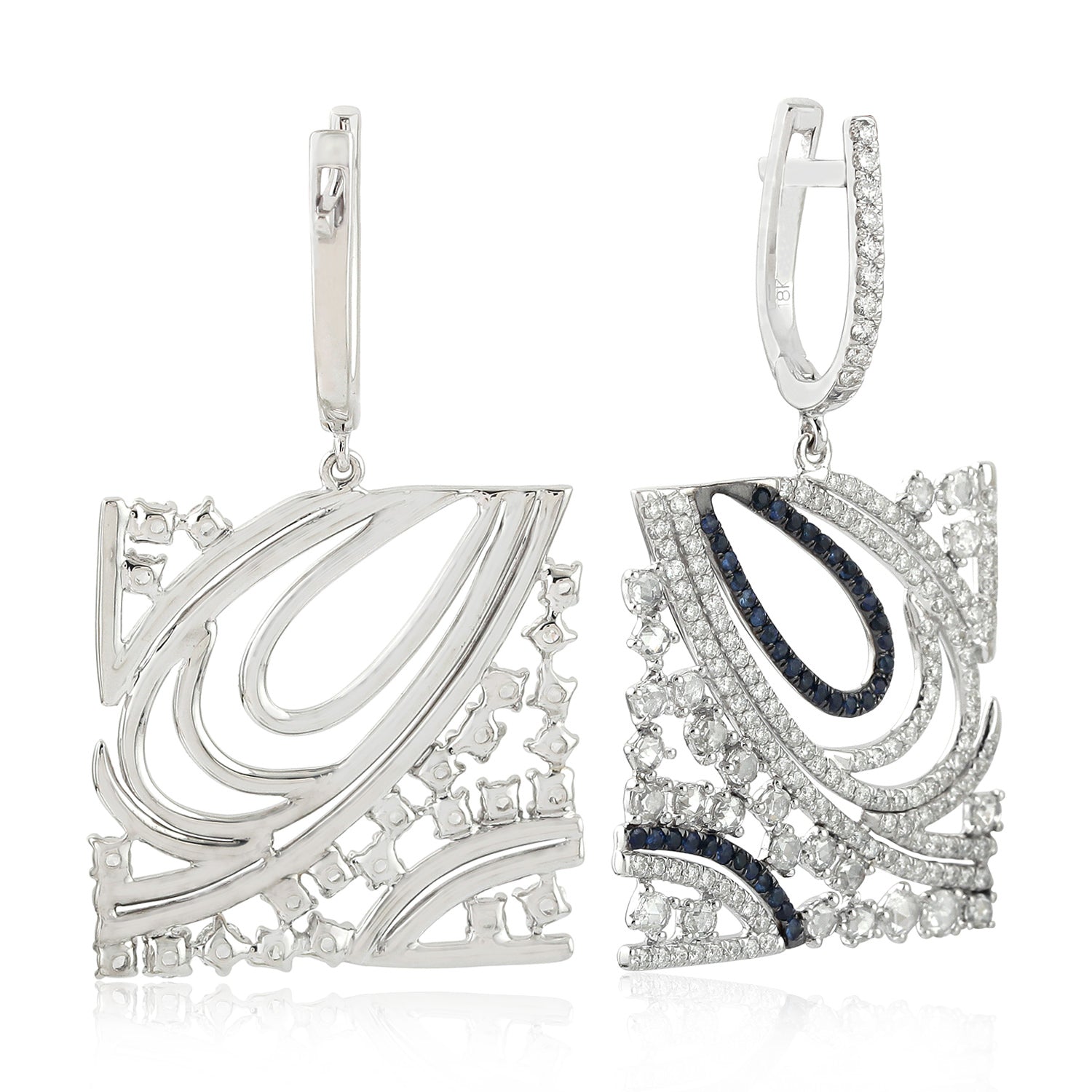18K White Gold Prong Uncut Diamond Blue Sapphire Geometric Square Dangle Earrings for Women - Elegant Wedding, Party & Evening Wear Jewelry