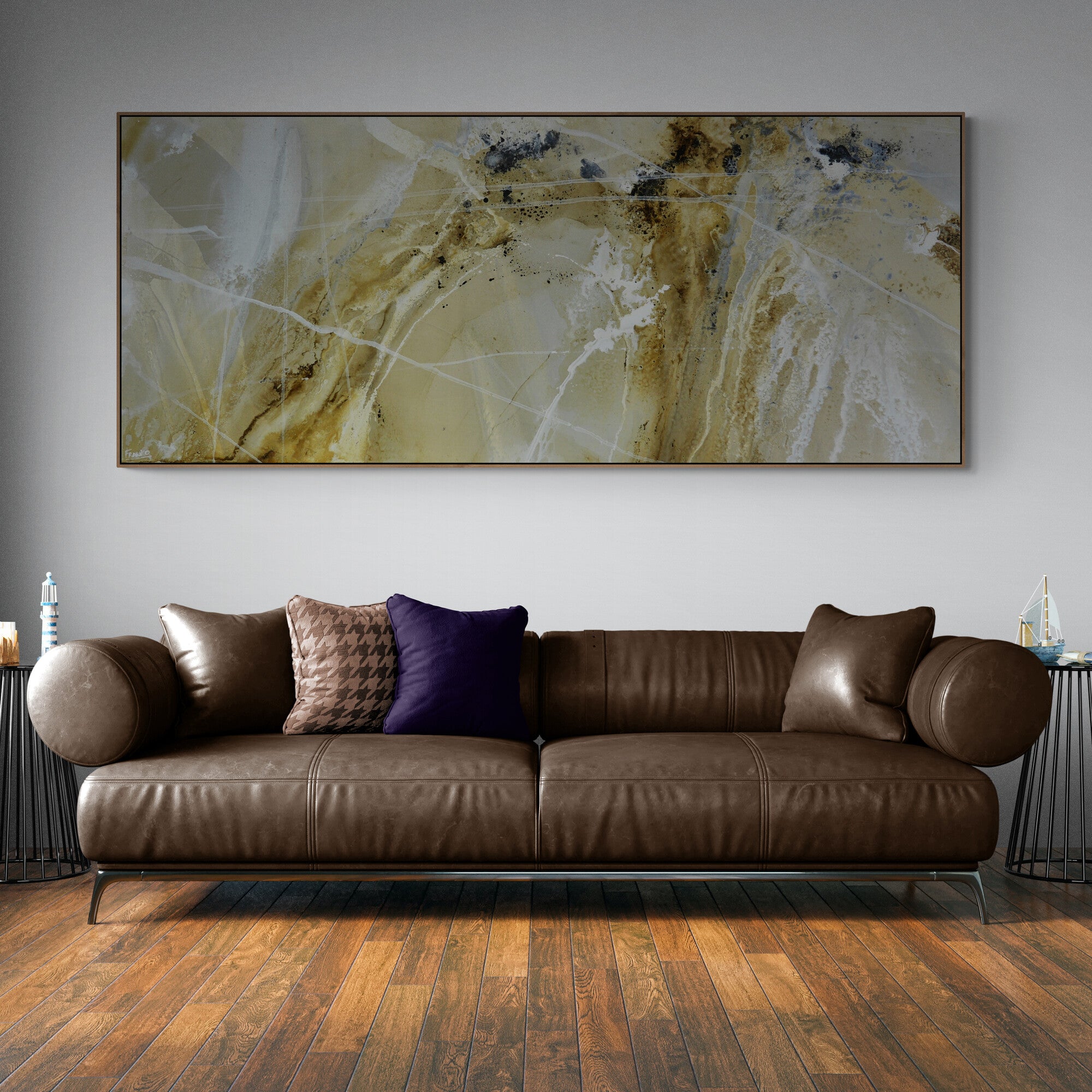 Premium 240cm x 100cm Abstract Painting in Malt Ochre, Cream & White - Modern Wall Art for Living Room, Bedroom & Office Decor