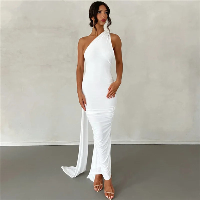 2023 New Fashion Elegant Maxi Dress for Women - Sexy One Shoulder Bodycon Slim Pleated Solid Backless Party Dress | Perfect for Club Nights, Evening Events & Special Occasions