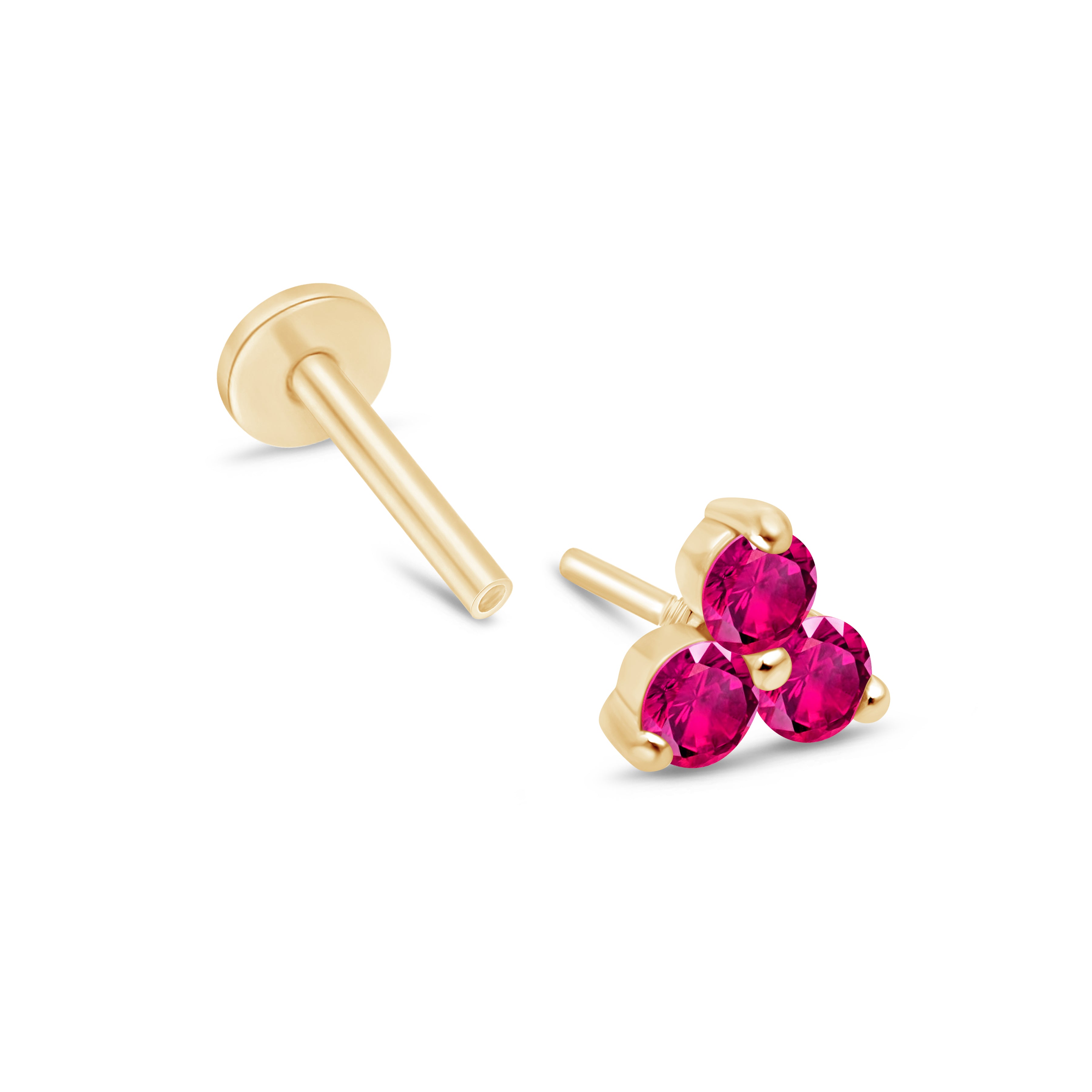 14K Yellow Gold Pink Ruby Trinity Cluster Stud Earrings for Women - Elegant Flat Back Design for Daily Wear, Parties & Gifts