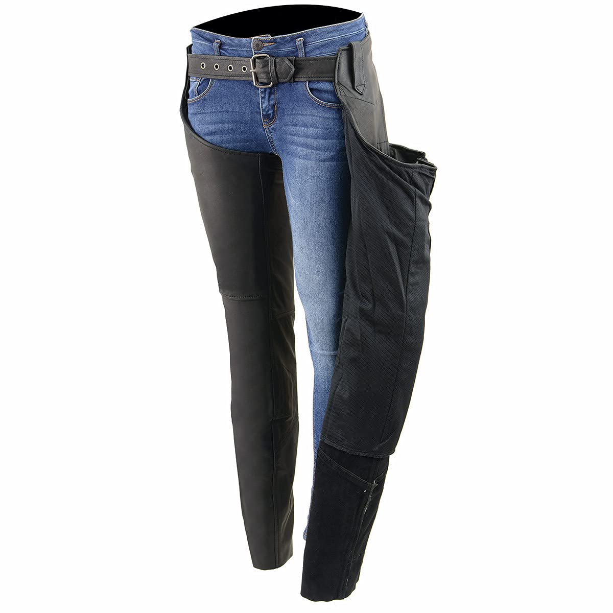Milwaukee Women's Black Lightweight Goat Skin Motorcycle Chaps with Crinkled Stripes & Reflective Design - MLL6501 | Perfect for Riding, Biker Events & Outdoor Adventures