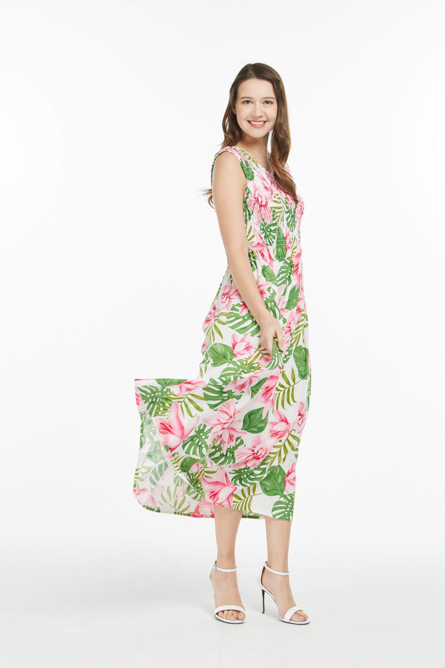 Women's Hawaiian Maxi Tank Dress - Elastic Waist, Floral Sunset Print - Perfect for Luau Parties, Beach Vacations & Summer Outings