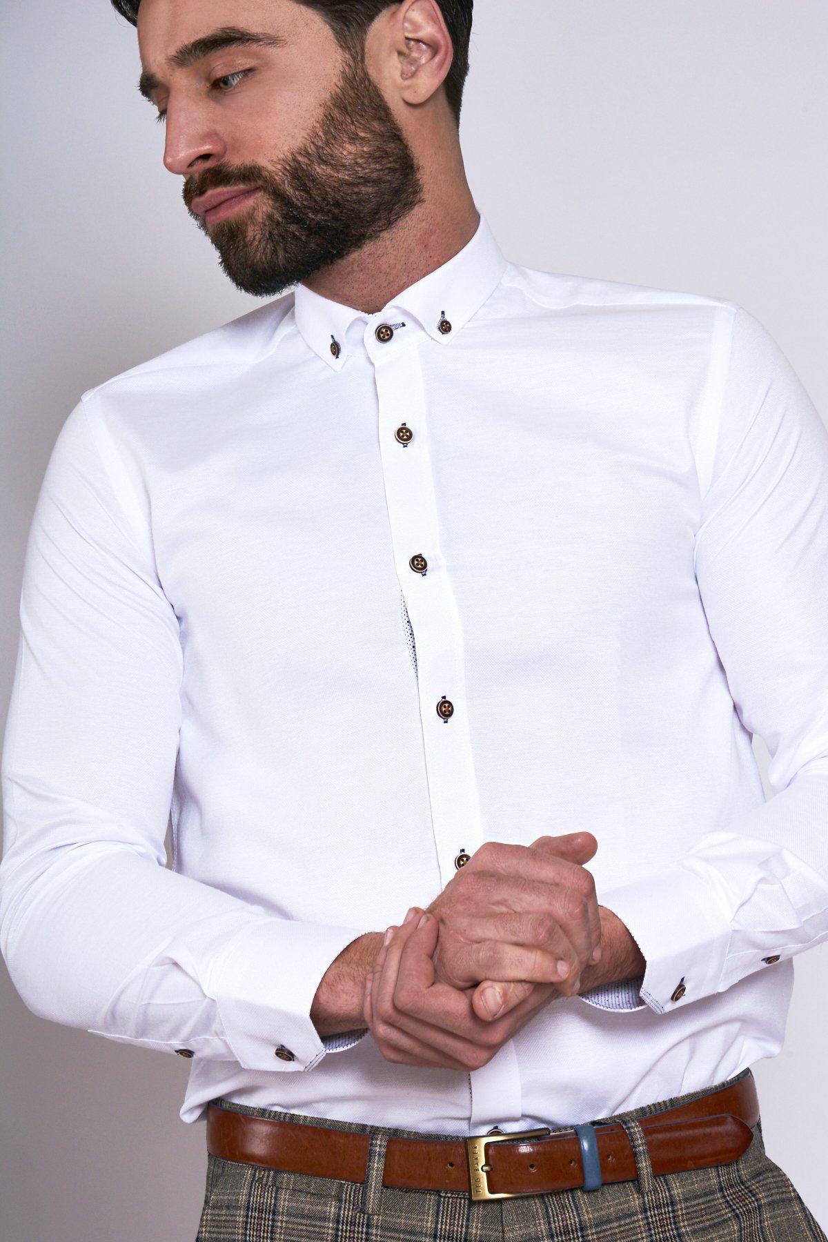 CHARLIE Men's White Oxford Shirt with Tan Buttons - Classic Casual Button Down Shirt for Office, Business & Everyday Wear