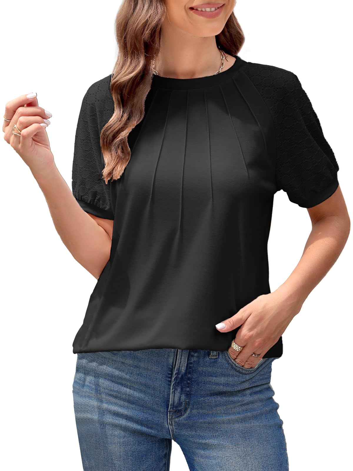 ZANZEA Women's Summer Tops - Puff Sleeve Blouses, Dressy Casual Crew Neck Short Sleeve Shirts, Pleated Tunic Loose T-Shirts for Work, Date & Vacation | Lightweight Comfortable Summer Fashion