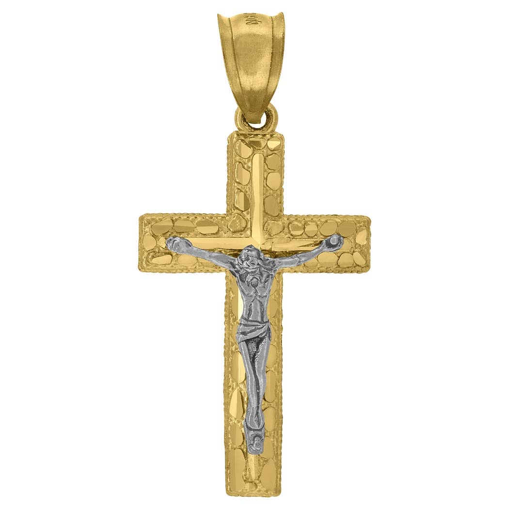 10K Two-Tone Gold Men's & Women's Nugget Textured Crucifix Cross Pendant Necklace - 38.8mm Religious Jewelry Gift for Him & Her - Perfect for Baptism, Confirmation & Spiritual Occasions