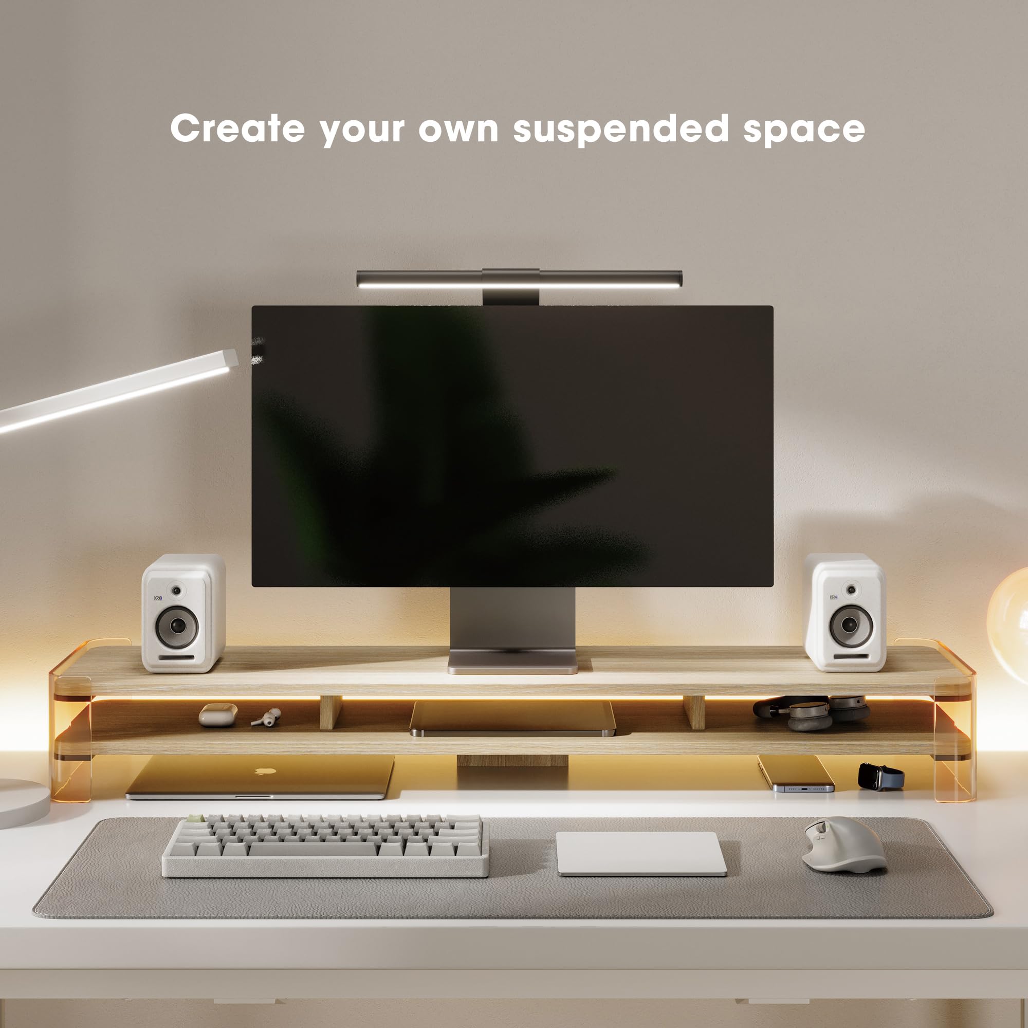 FENGE 2-Tier Acrylic Monitor Stand Riser - Sturdy Transparent Computer Desk Organizer for Home Office & Workspace - PC Laptop Accessories for Better Ergonomics & Desk Organization