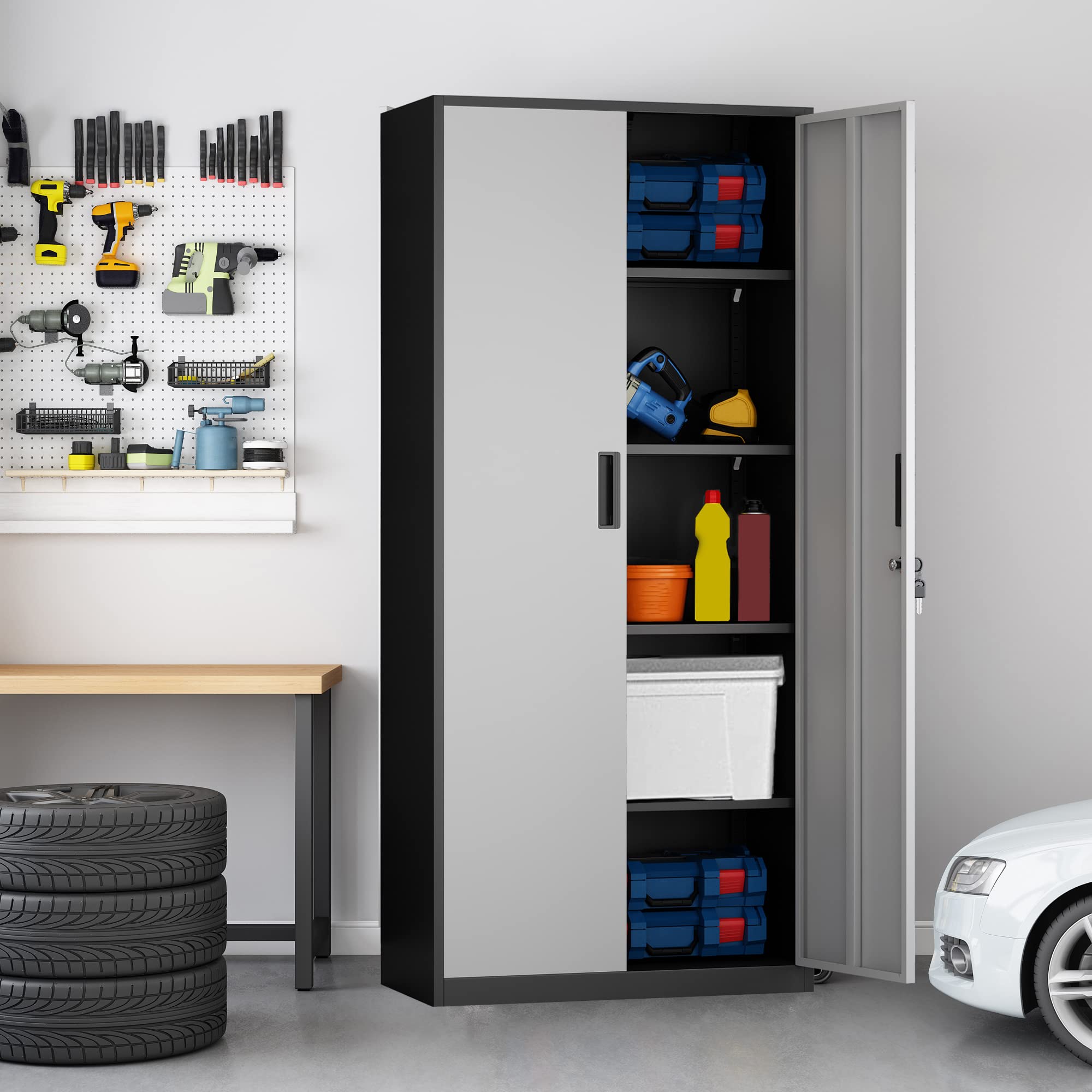 Tall Metal Storage Cabinet with Locking Doors & 4 Adjustable Shelves - Heavy Duty Steel Tool Cabinet for Office, School, Garage, Kitchen & Warehouse | Perfect for Organizing Tools, Pantry Items, Files & Supplies