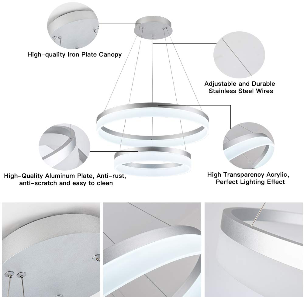 Modern LED Silver Chandelier - 2 Ring Dimmable Pendant Light Fixture, 6000K Cool White for Living Room, Bedroom, Kitchen Island, Restaurant & Dining Room | Elegant Lighting for Home Decor & Commercial Spaces