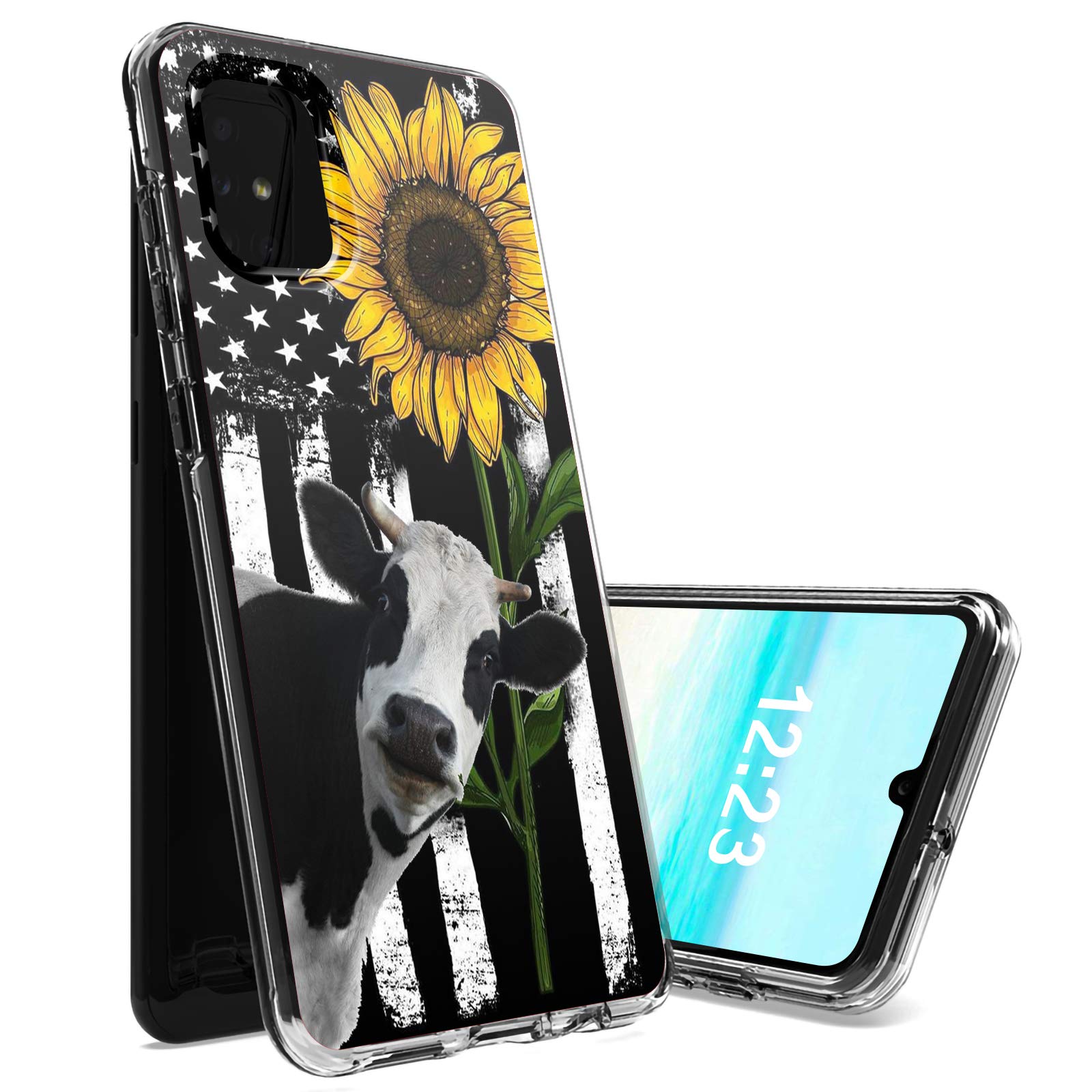 Samsung Galaxy A51 Case - Dual Layer Clear Shockproof Phone Cover with Transparent Acrylic Back & TPU Bumper | American Flag Sunflower/Cow Design | Perfect for Outdoor Activities, Travel Protection & Daily Use