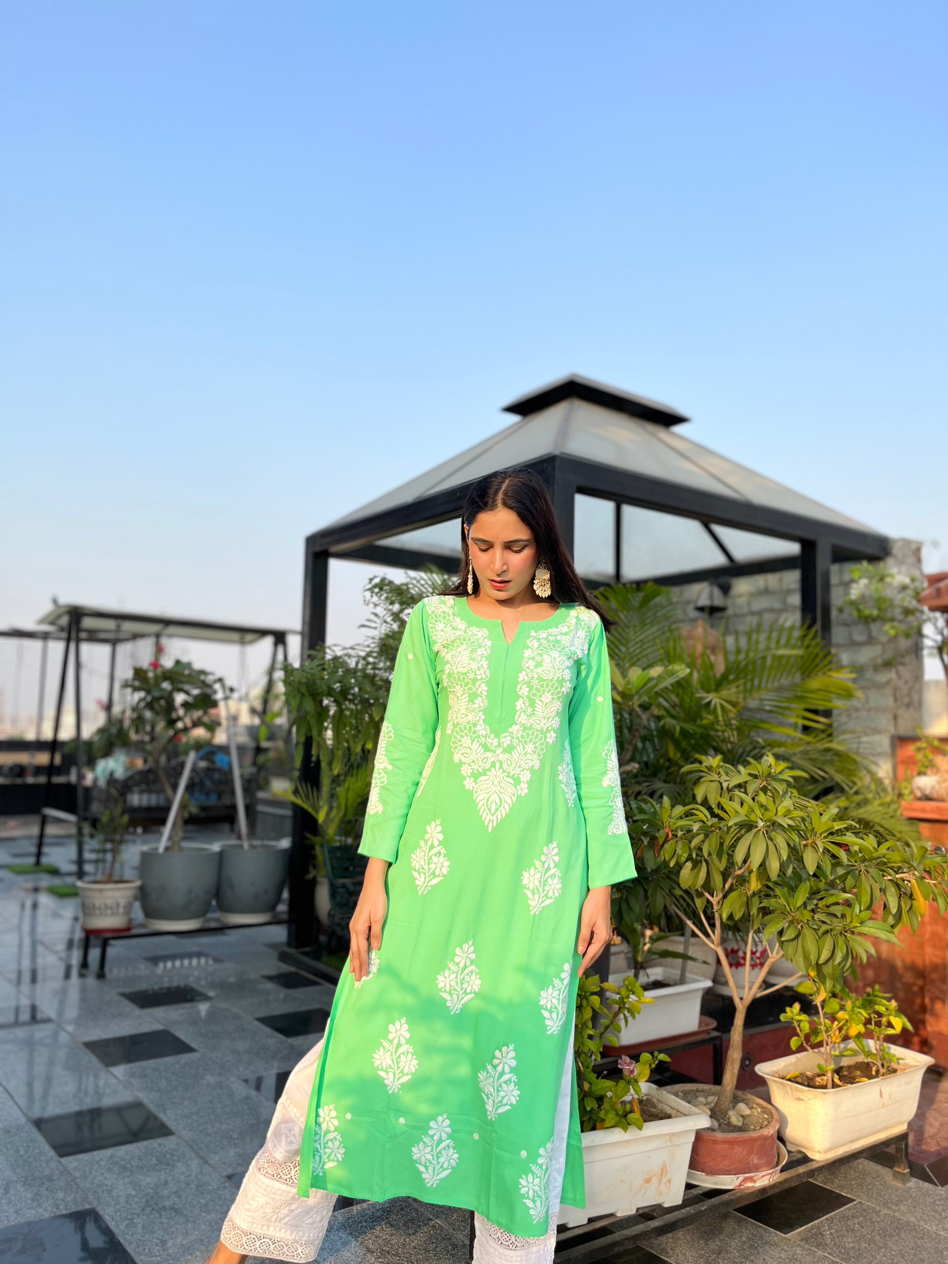 Hand Embroidered Chikankari Kurta for Women - Sea Green Cotton Traditional Indian Tunic - Perfect for Festivals, Weddings & Casual Wear