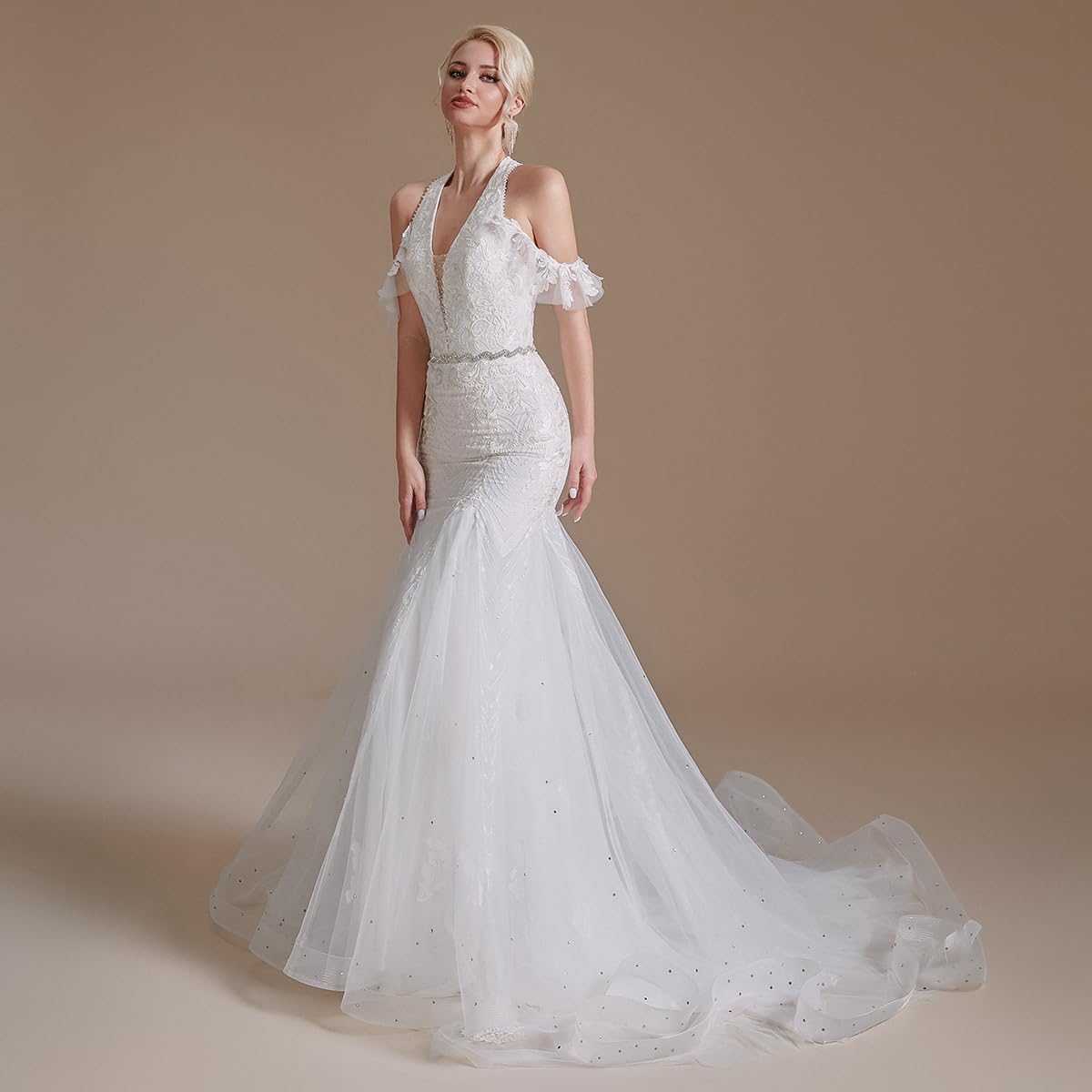 2022 Elegant Lace Appliques Chiffon Wedding Dress for Bride - Long Sleeves Beach Bridal Gown | Perfect for Beach Weddings, Outdoor Ceremonies & Romantic Photos