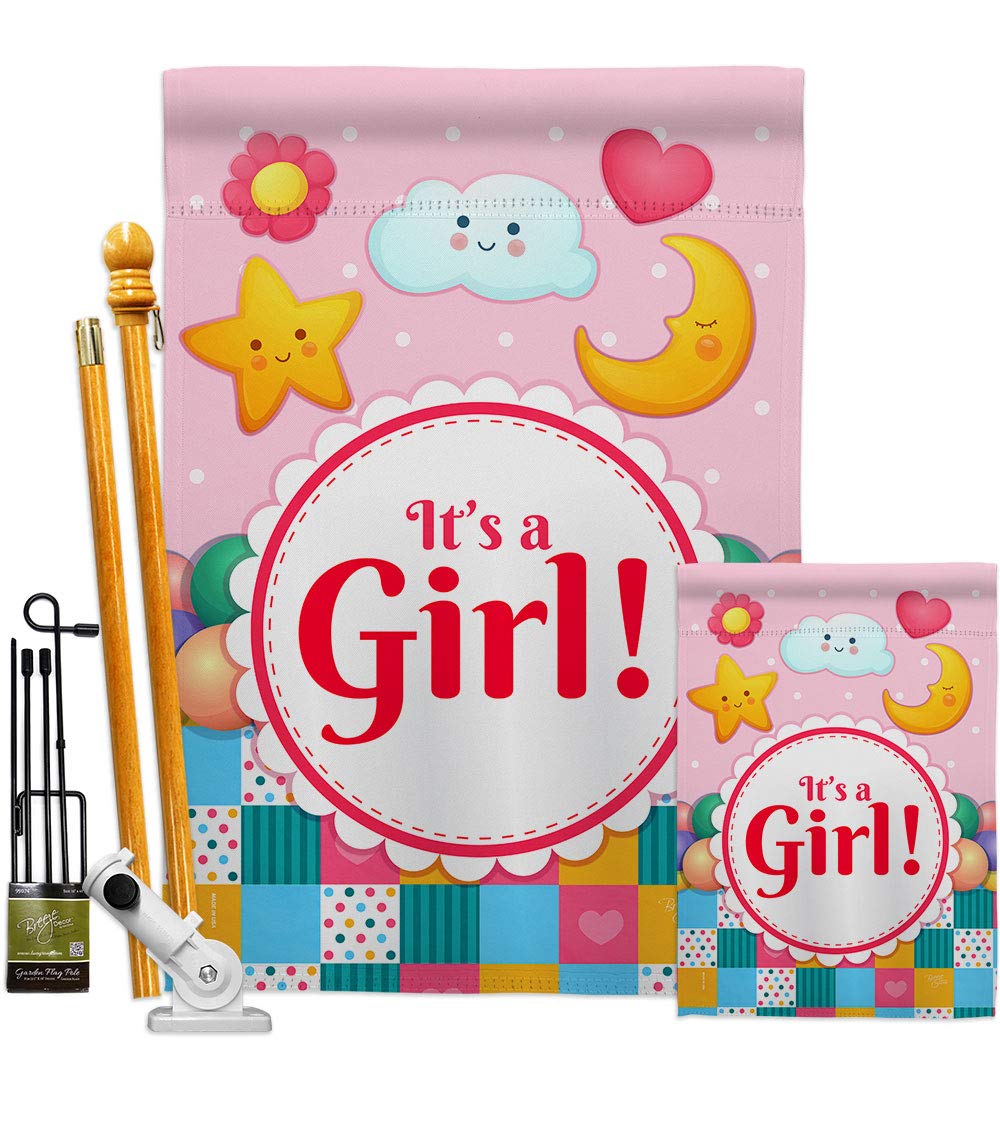 Baby Girl Garden House Flags Kit - Newborn Shower, Boy/Girl Celebration, Anniversary Party Decor - 28x40 Inch USA-Made Yard Banner for Outdoor & Indoor Decorations